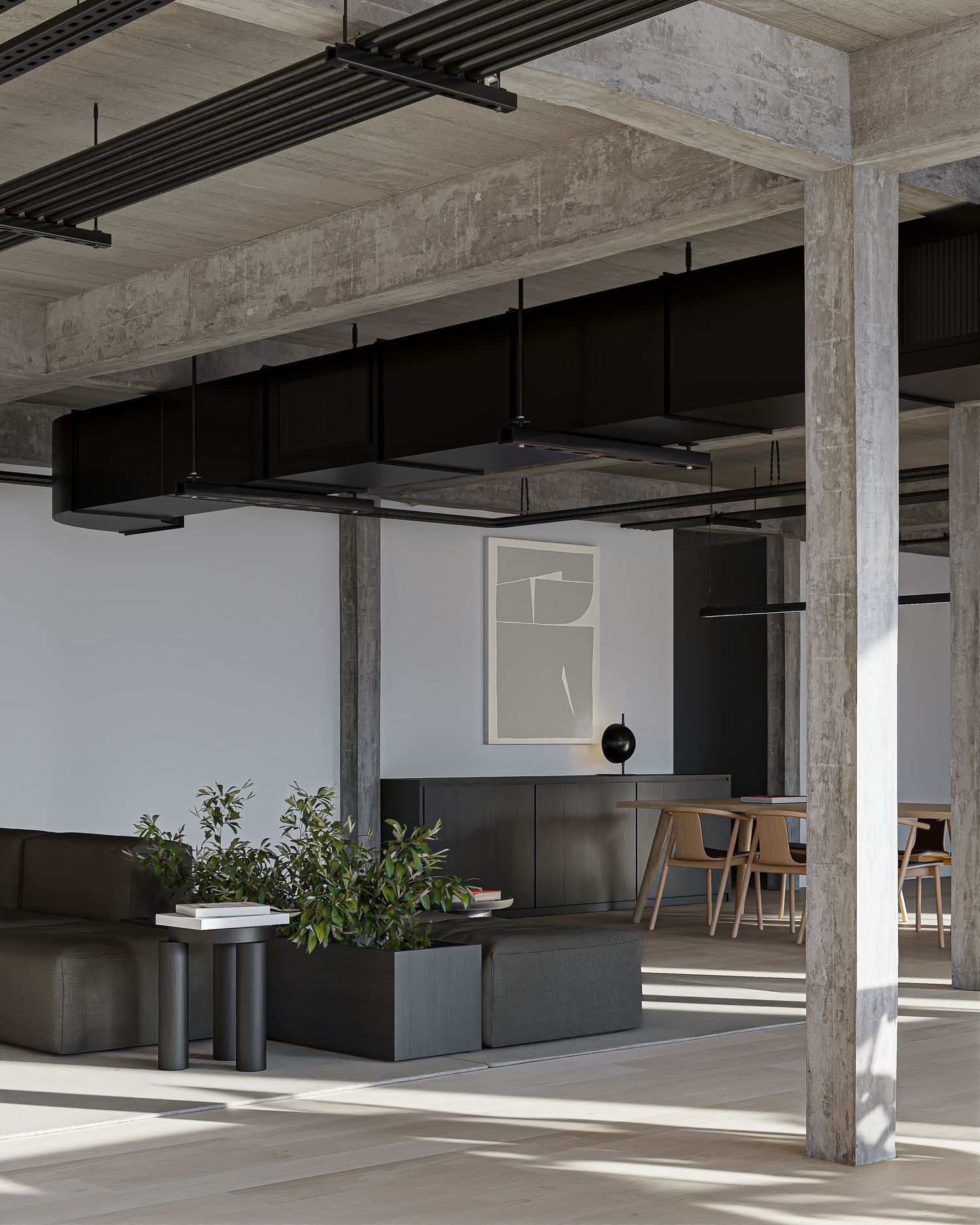 Modern industrial office space with concrete columns, dark pendant lights, green plants, and minimalist furniture in neutral tones.