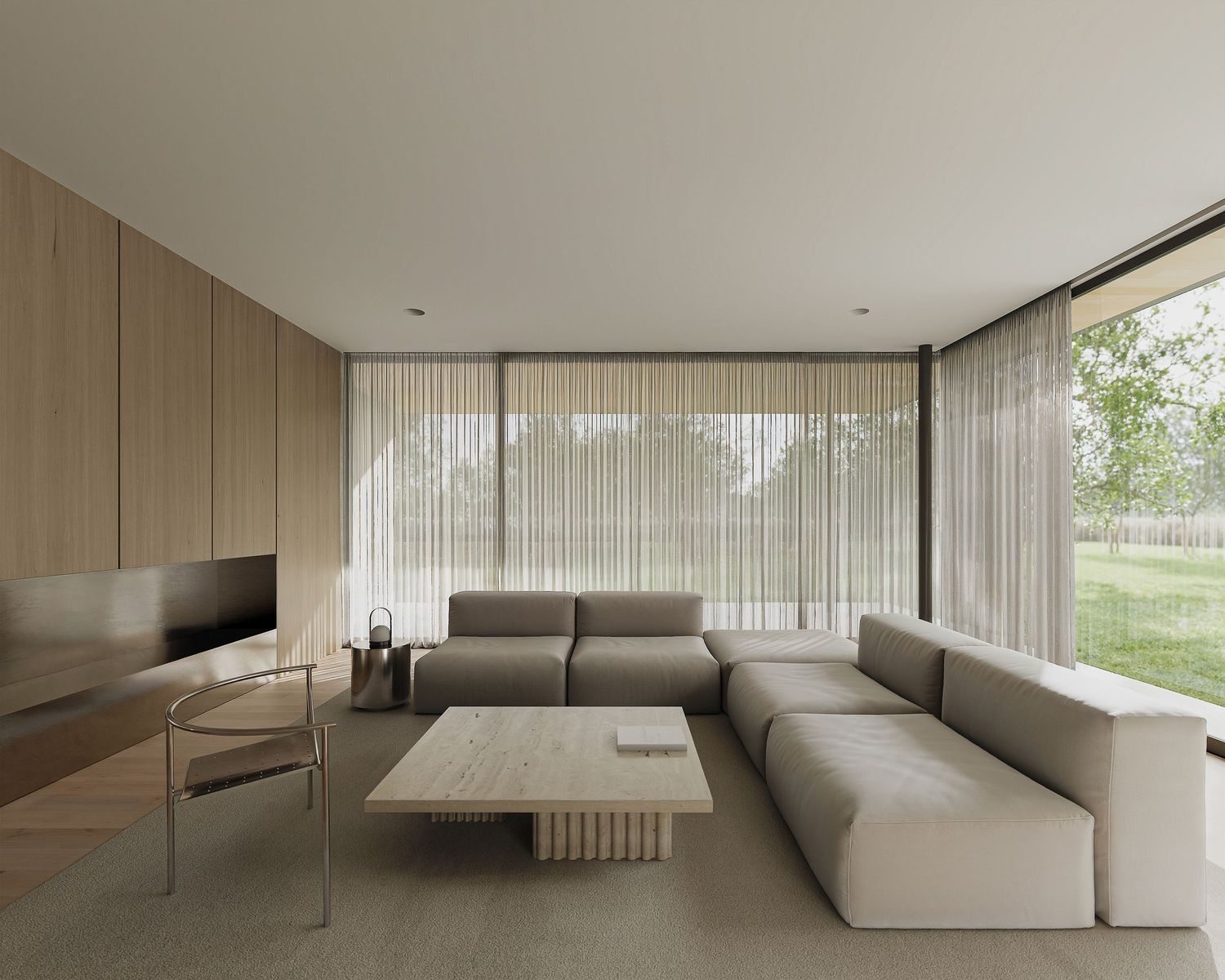 Minimalist modern living room with white walls, sheer curtains and a sleek floating sofa in neutral tones.