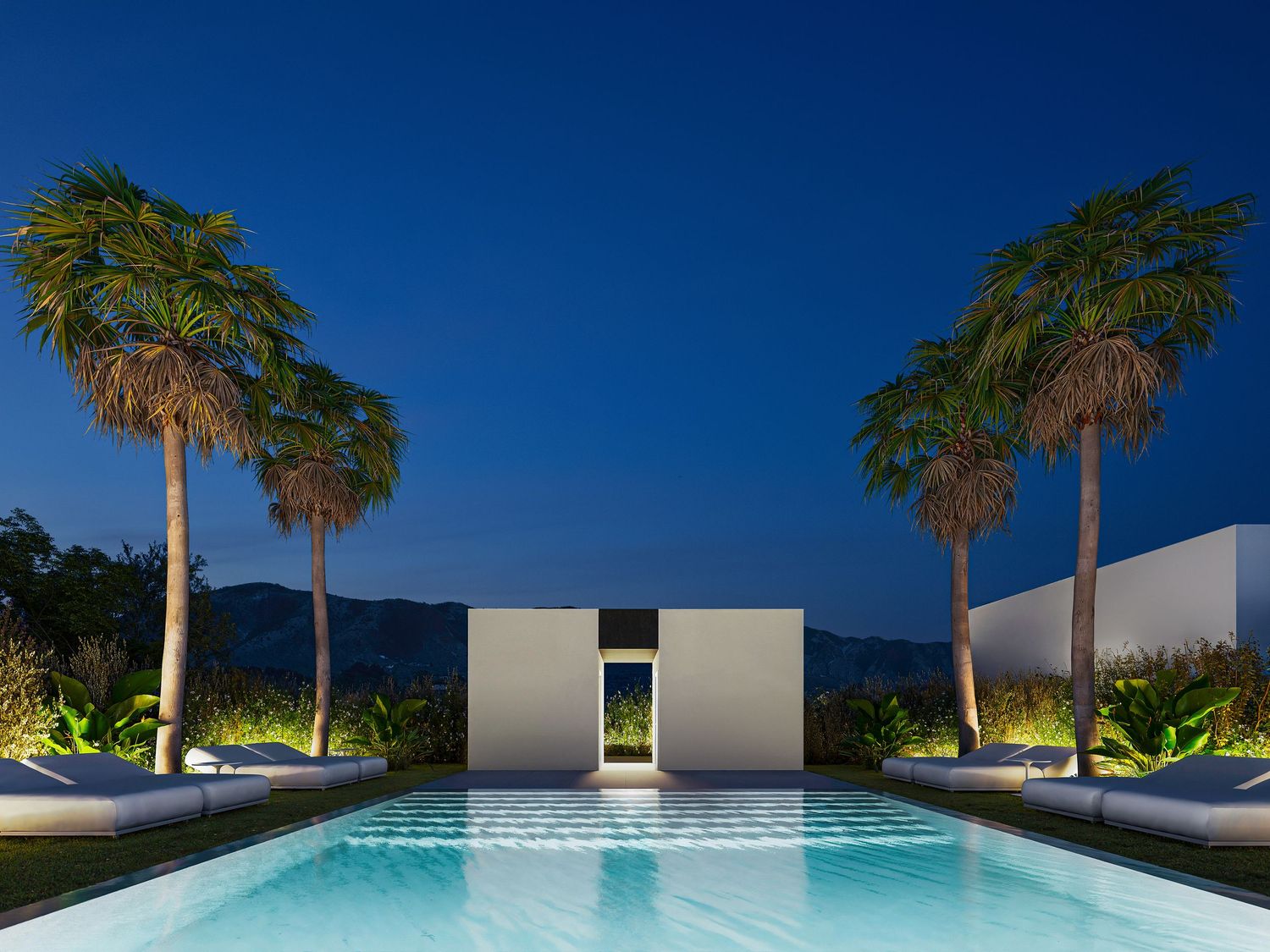 Modern swimming pool with illuminated palm trees and white walls against a deep blue evening sky.