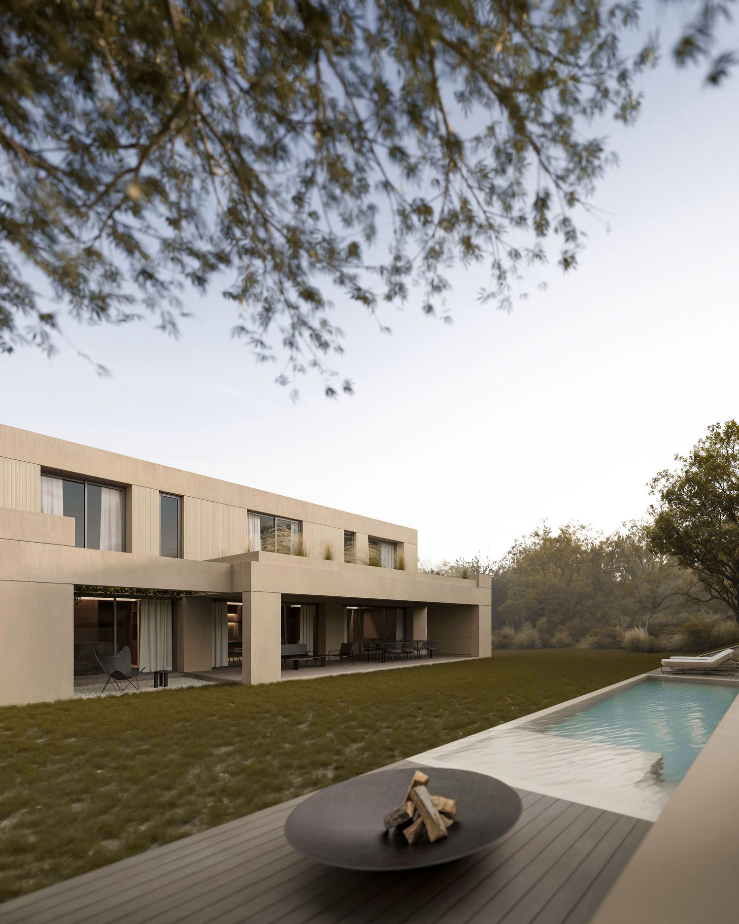 Panoramic sequence showing a modern minimalist concrete home with swimming pool and outdoor seating on a grassy hillside.