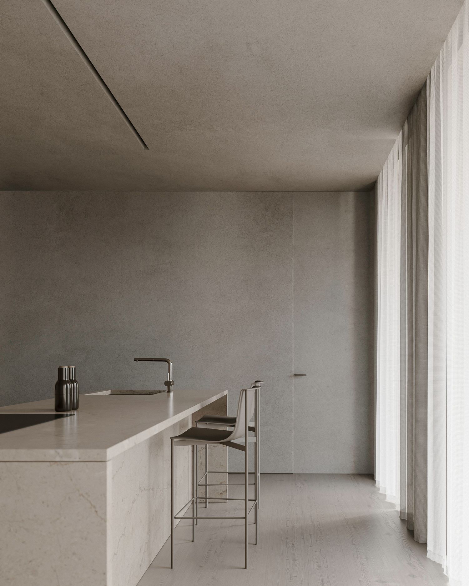 Minimalist white kitchen space with sleek countertop, bar stools and floor-to-ceiling sheer curtains in natural light.