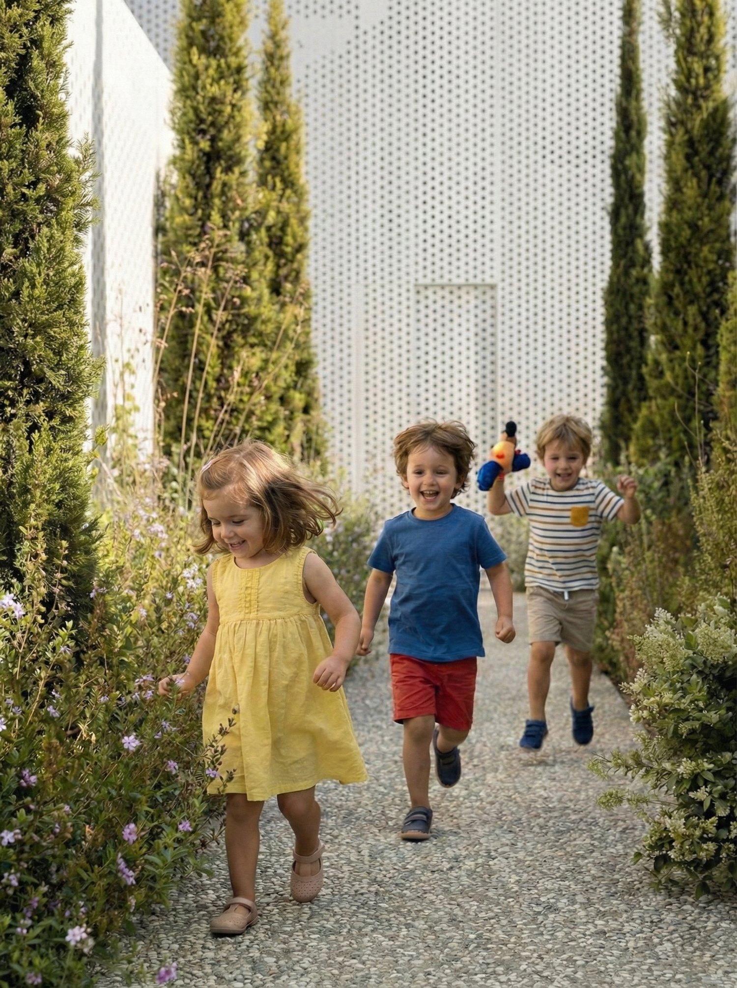Children walk hand in hand along a gravel path lined with tall cypress trees and modern architecture.