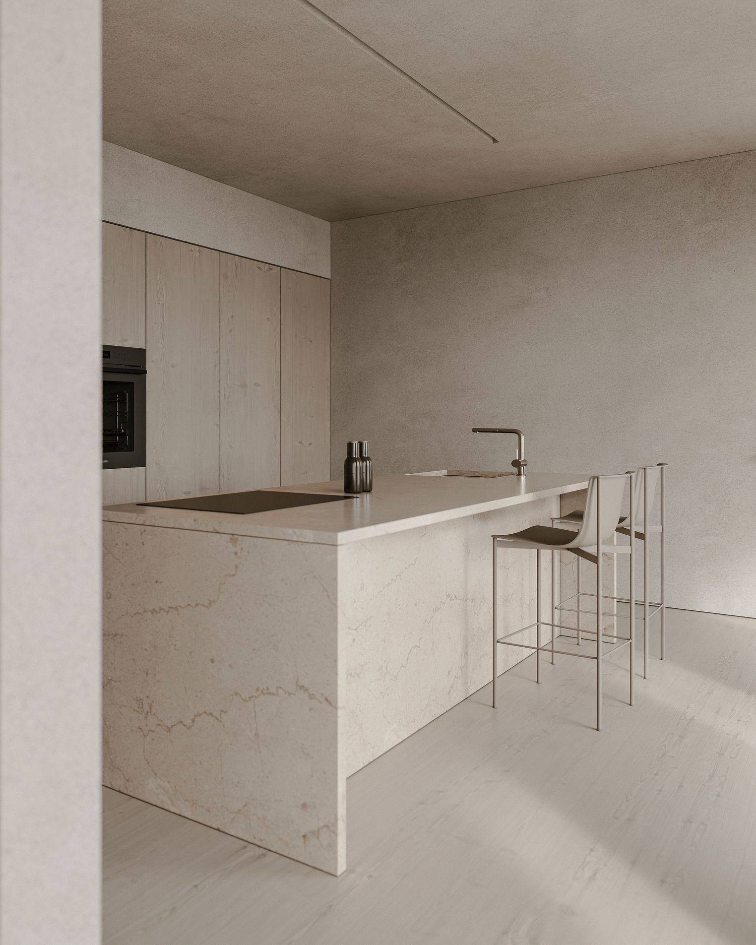 Minimalist modern kitchen with white marble waterfall island, built-in appliances, and sleek bar stools in a neutral palette.