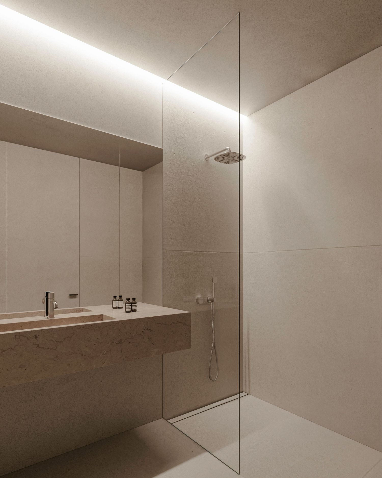 Modern minimalist bathroom interior with sleek wall-mounted vanity, glass shower partition and hidden LED lighting.