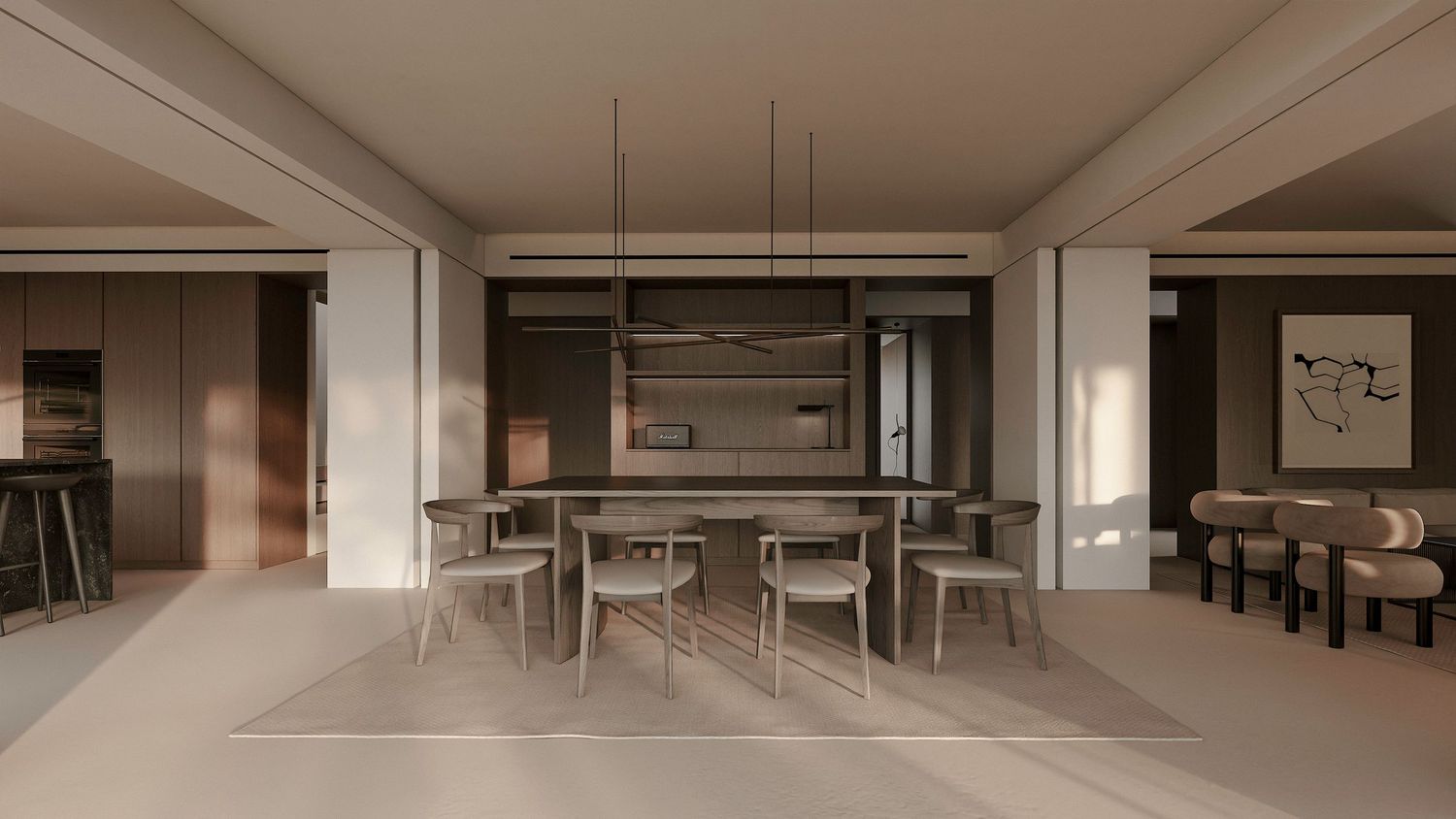 A panoramic view of a modern open office space with white walls, industrial lighting, and minimal furnishings.