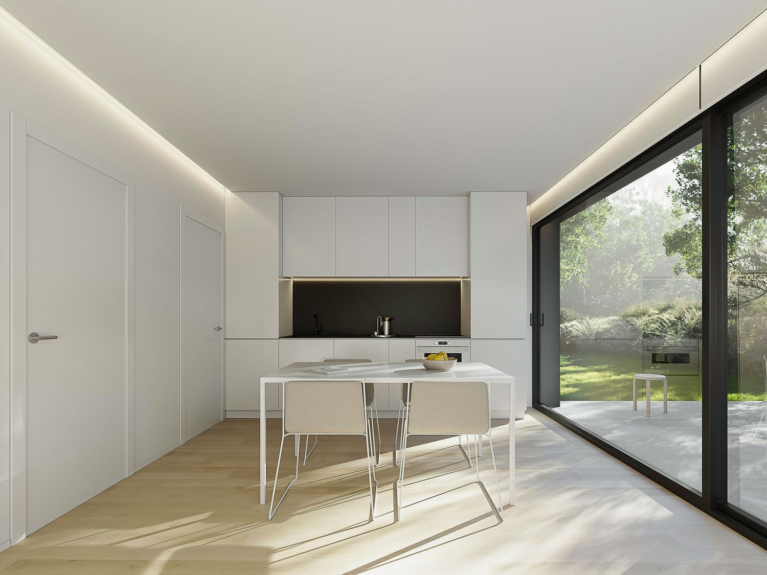 Modern minimalist interior with white walls, hardwood floors, and floor-to-ceiling windows offering natural light.
