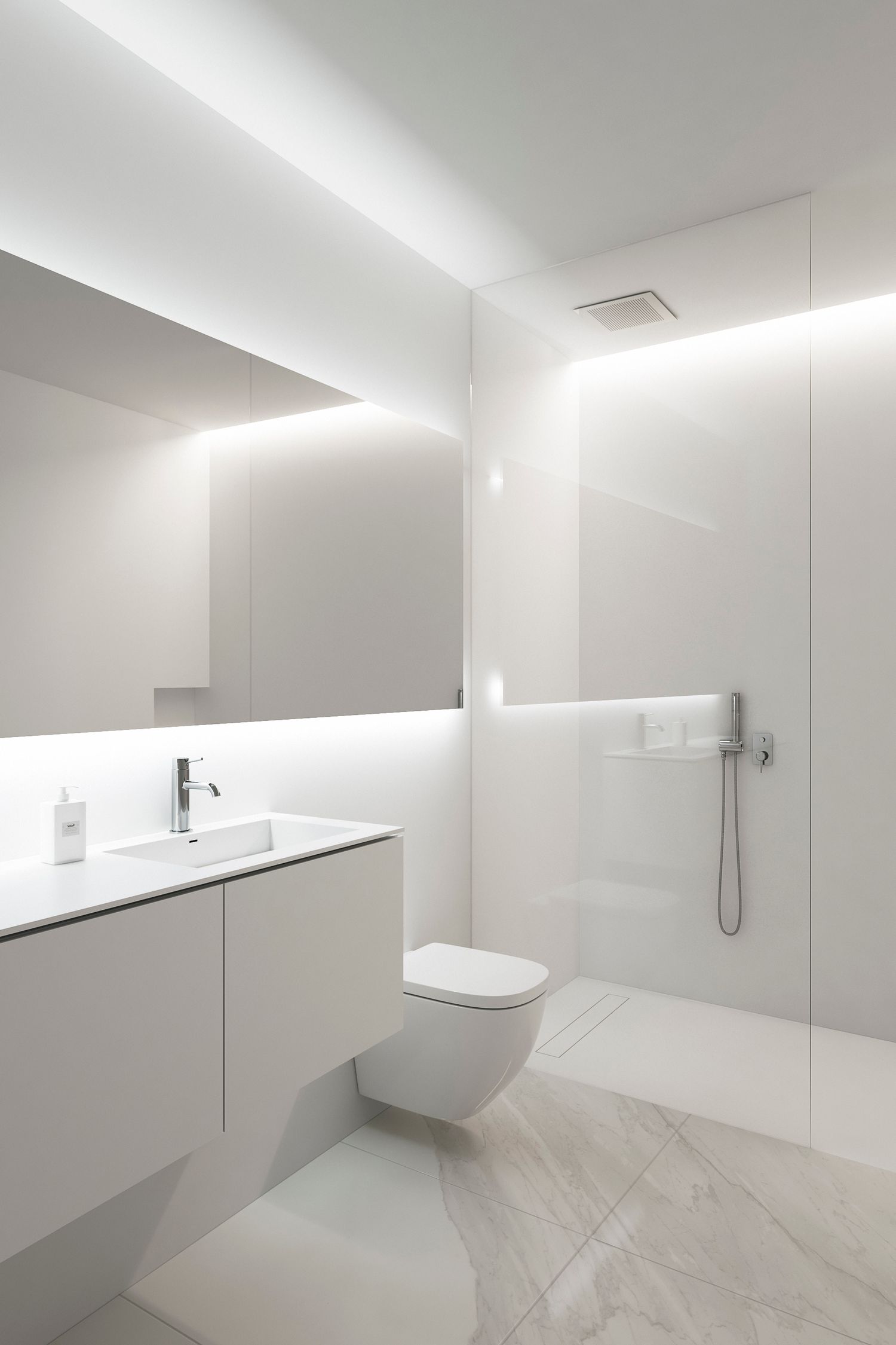 All-white modern bathroom with minimalist fixtures, marble floors, and integrated LED lighting.