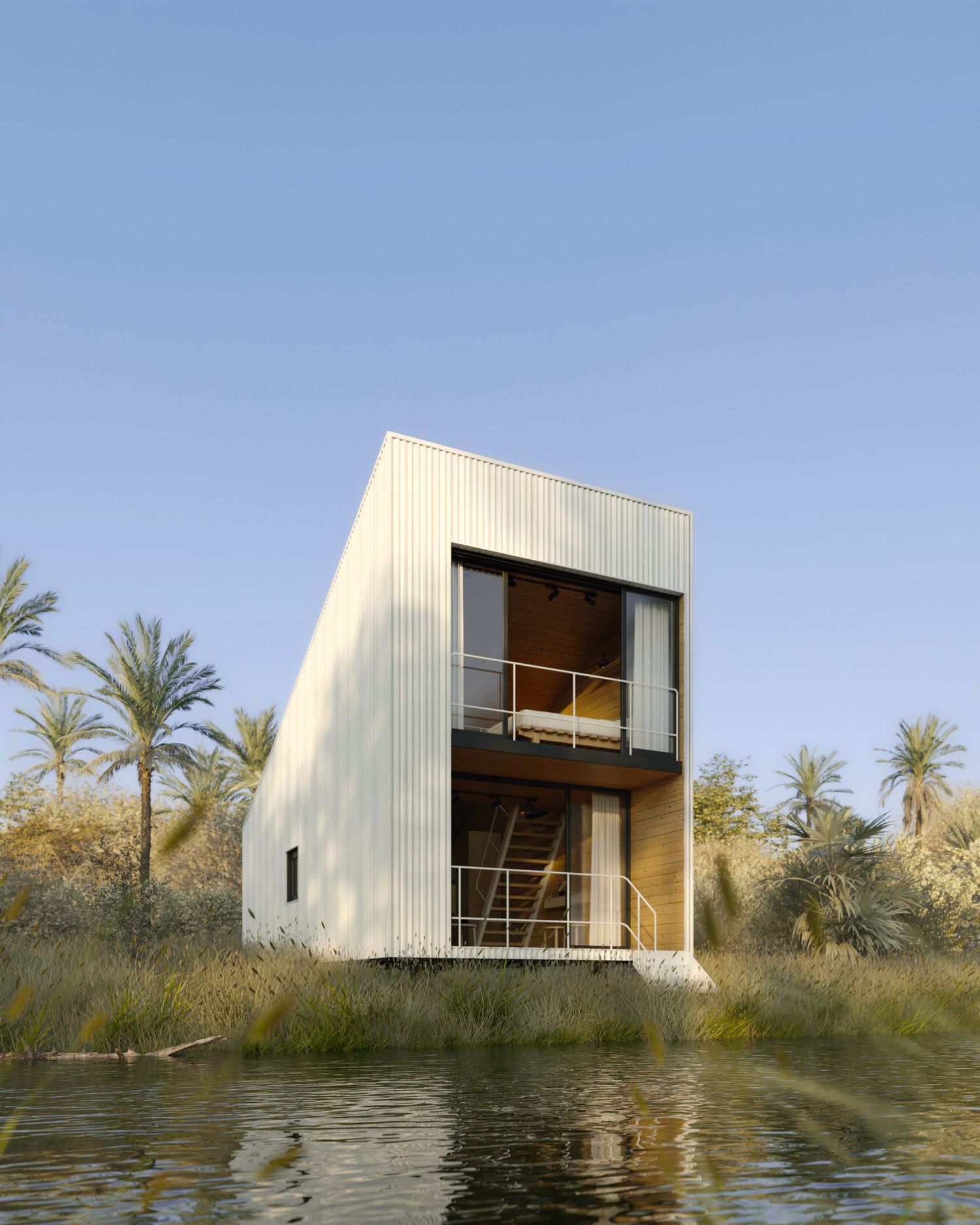White modern beach house with geometric design reflects in calm waters surrounded by palms.
