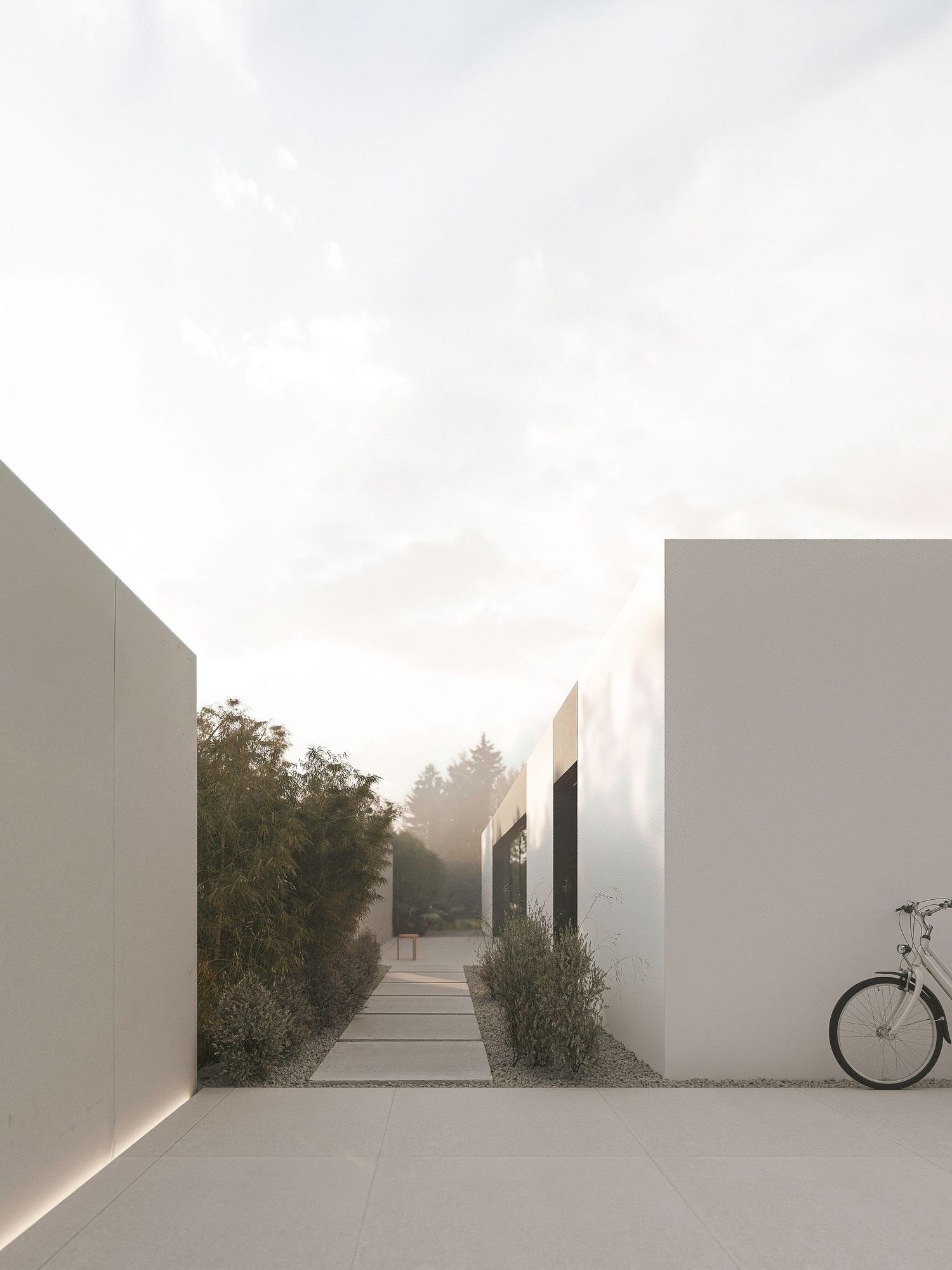 Minimalist white architectural walkway with clean lines and geometric shadows cast on walls creates a serene outdoor passage.
