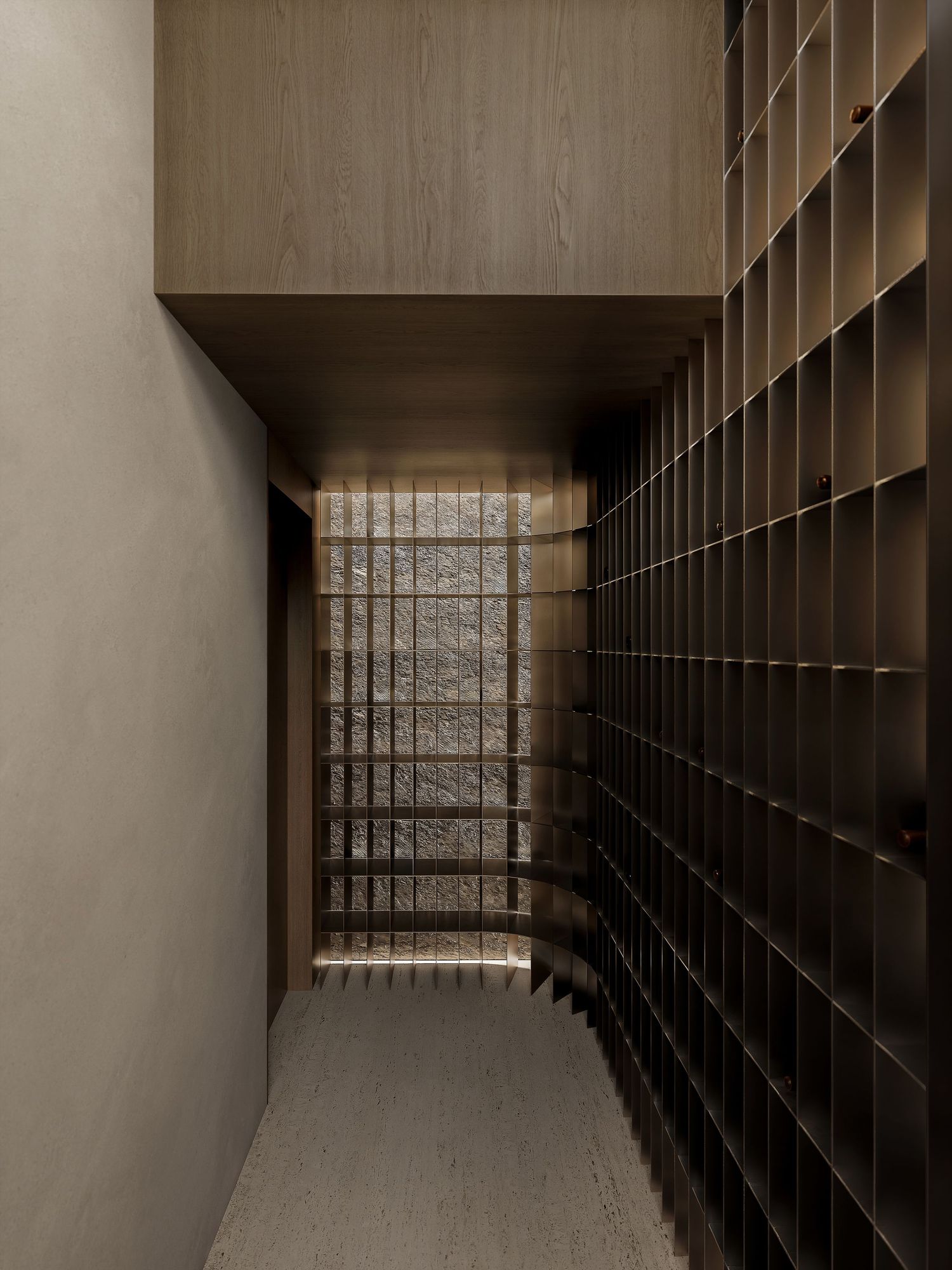 Modern interior hallway with wooden paneling and shelving features a curved wall and dramatic lighting design.