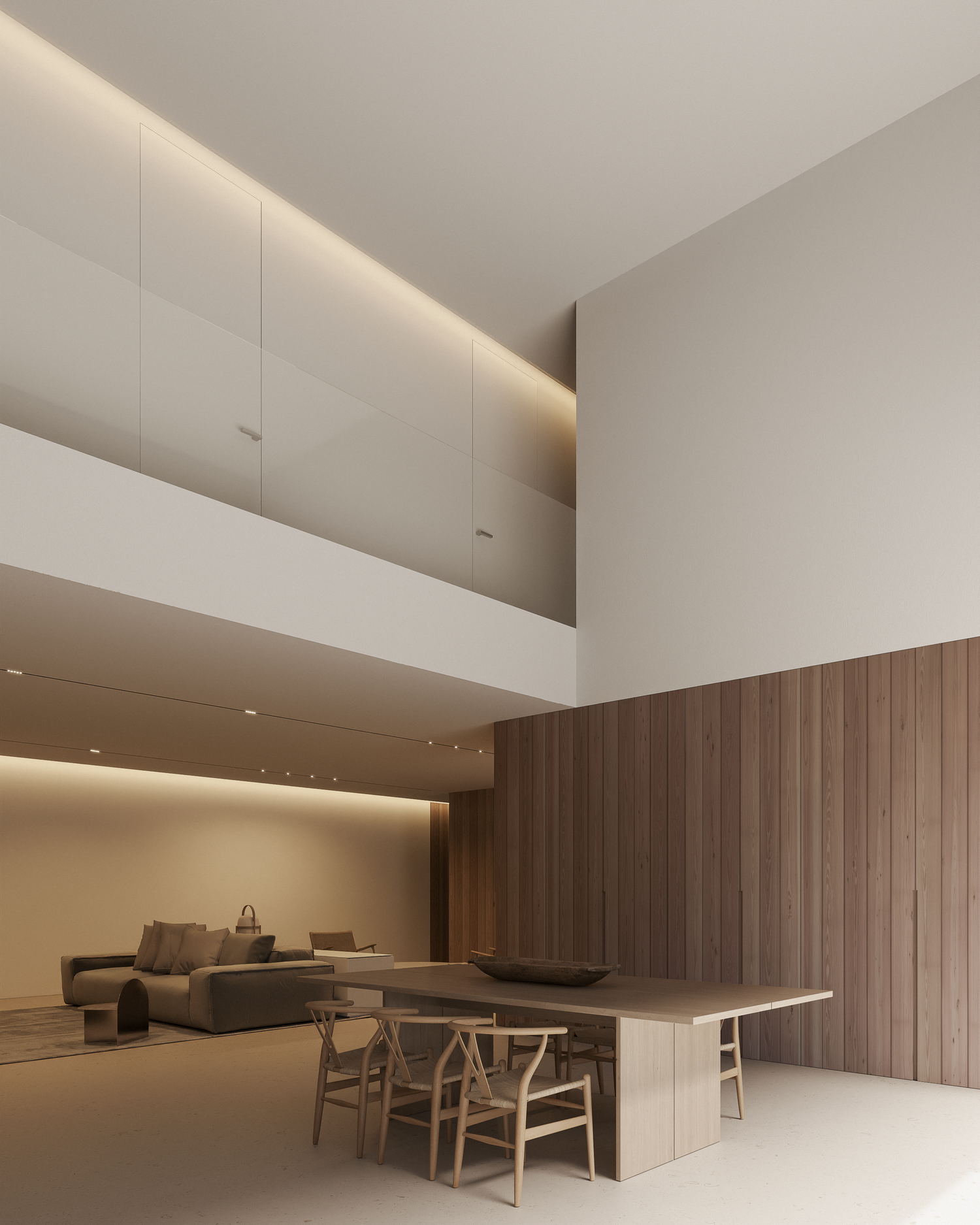Modern minimalist living space with high ceilings, wood paneled walls, and built-in furniture in neutral tones.