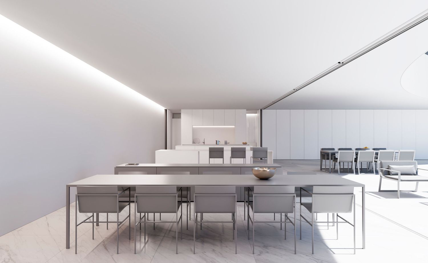 Modern white dining room with long table, minimalist chairs and LED strip lighting along the ceiling.