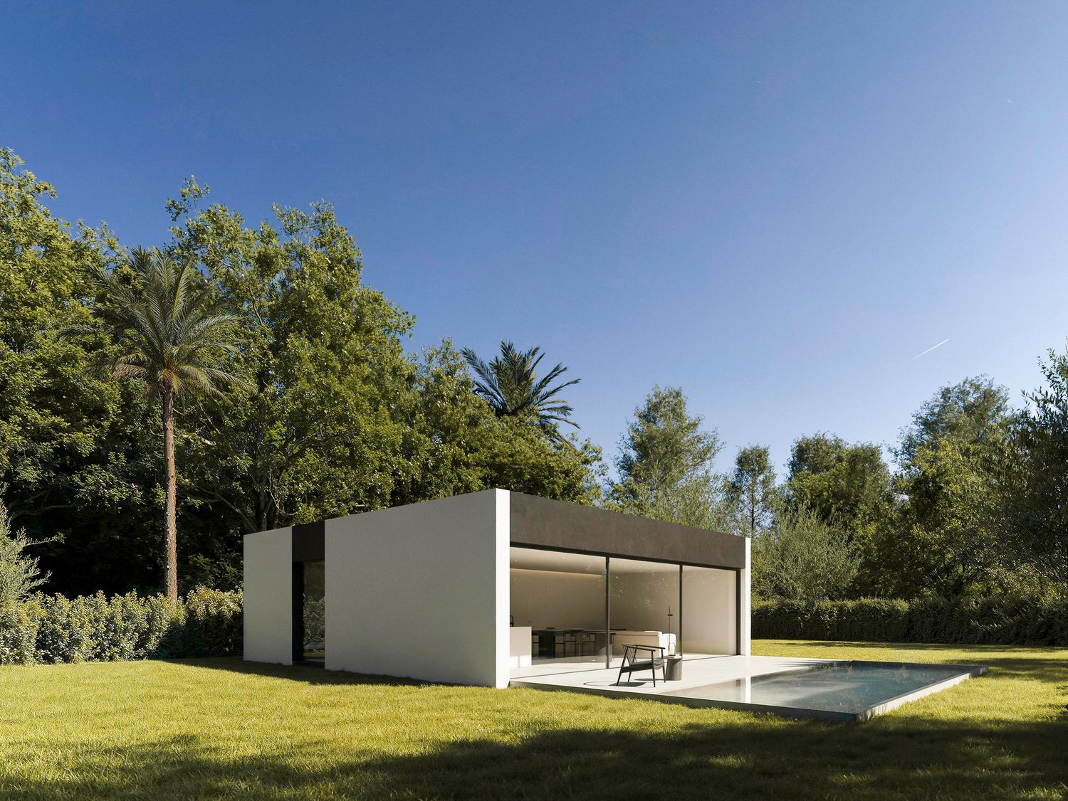 Contemporary white poolhouse pavilion surrounded by lush Mediterranean garden landscape.