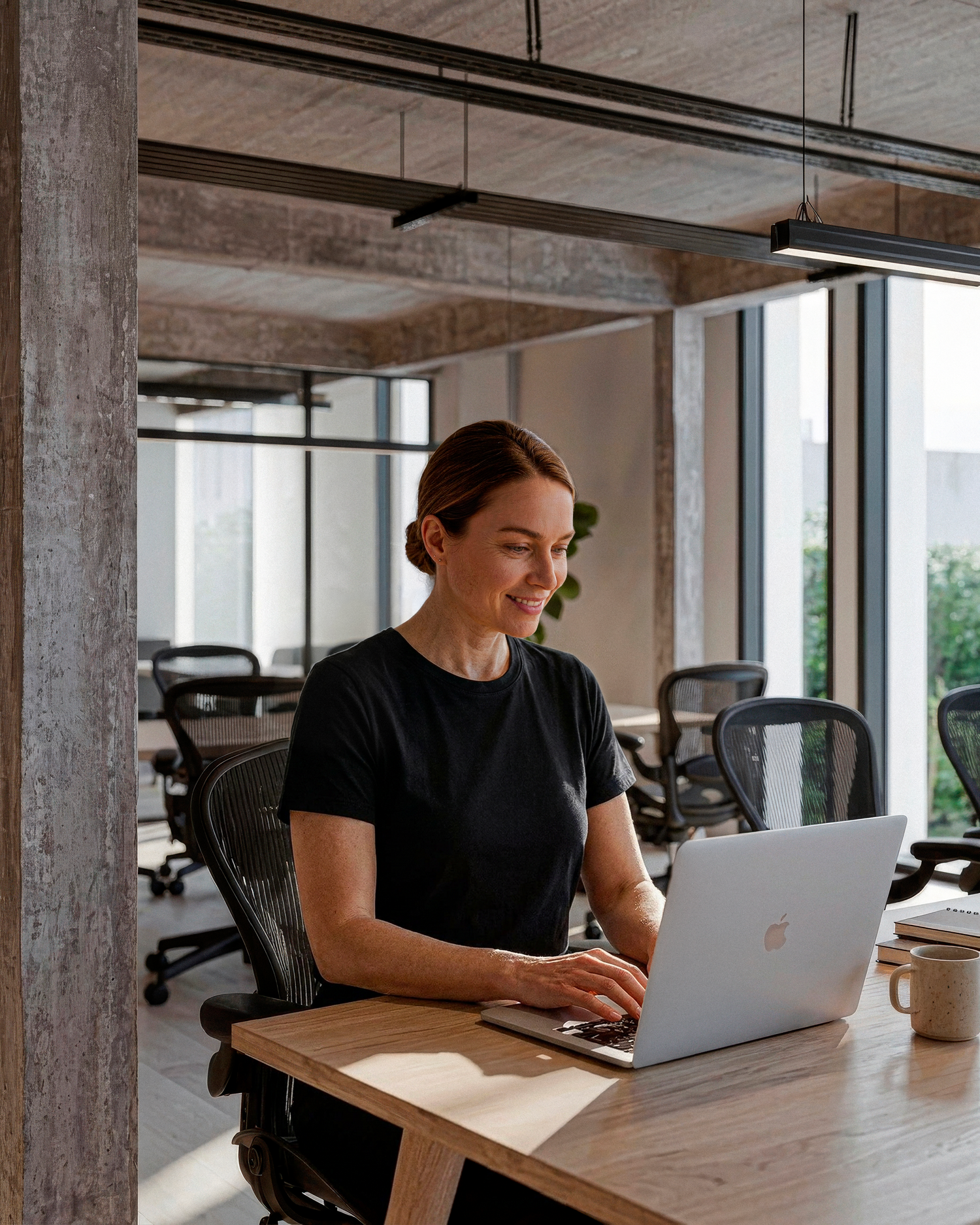 Woman in black t-shirt smiling while working on a Microsoft Surface laptop in a modern industrial office.
