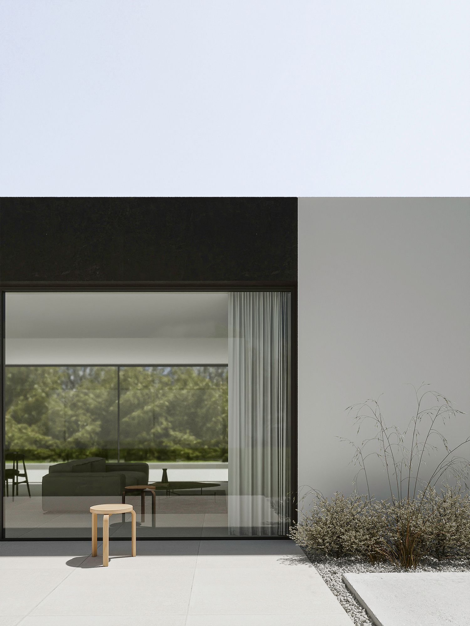 Minimalist grayscale architectural render showing a sleek window frame against a moody sky with sparse vegetation outside.