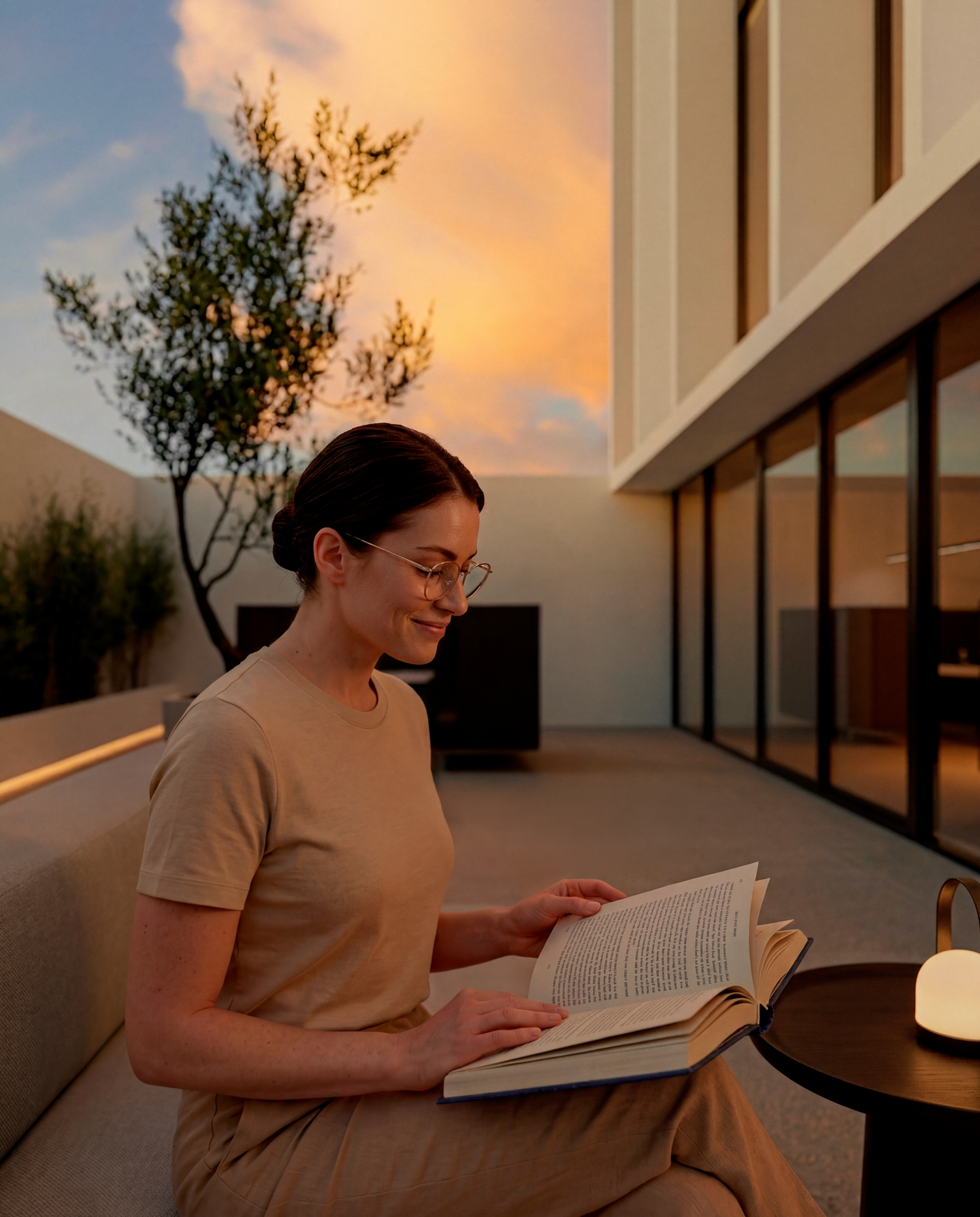 Woman reading a book outdoors on a patio at sunset, smiling peacefully beside a modern home.