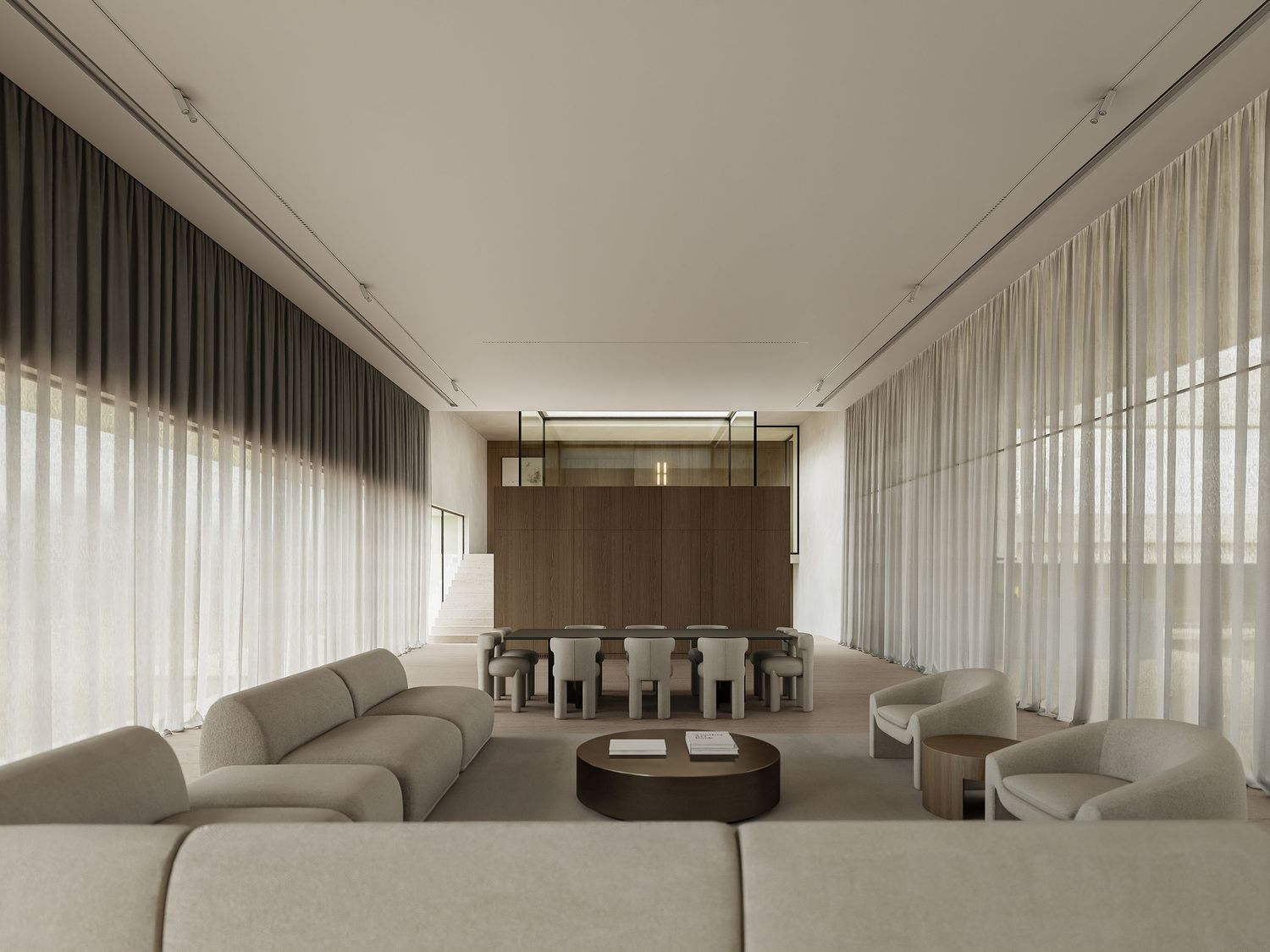 Modern minimalist open-concept living room with white curtains, marble flooring and sleek furniture in neutral tones.