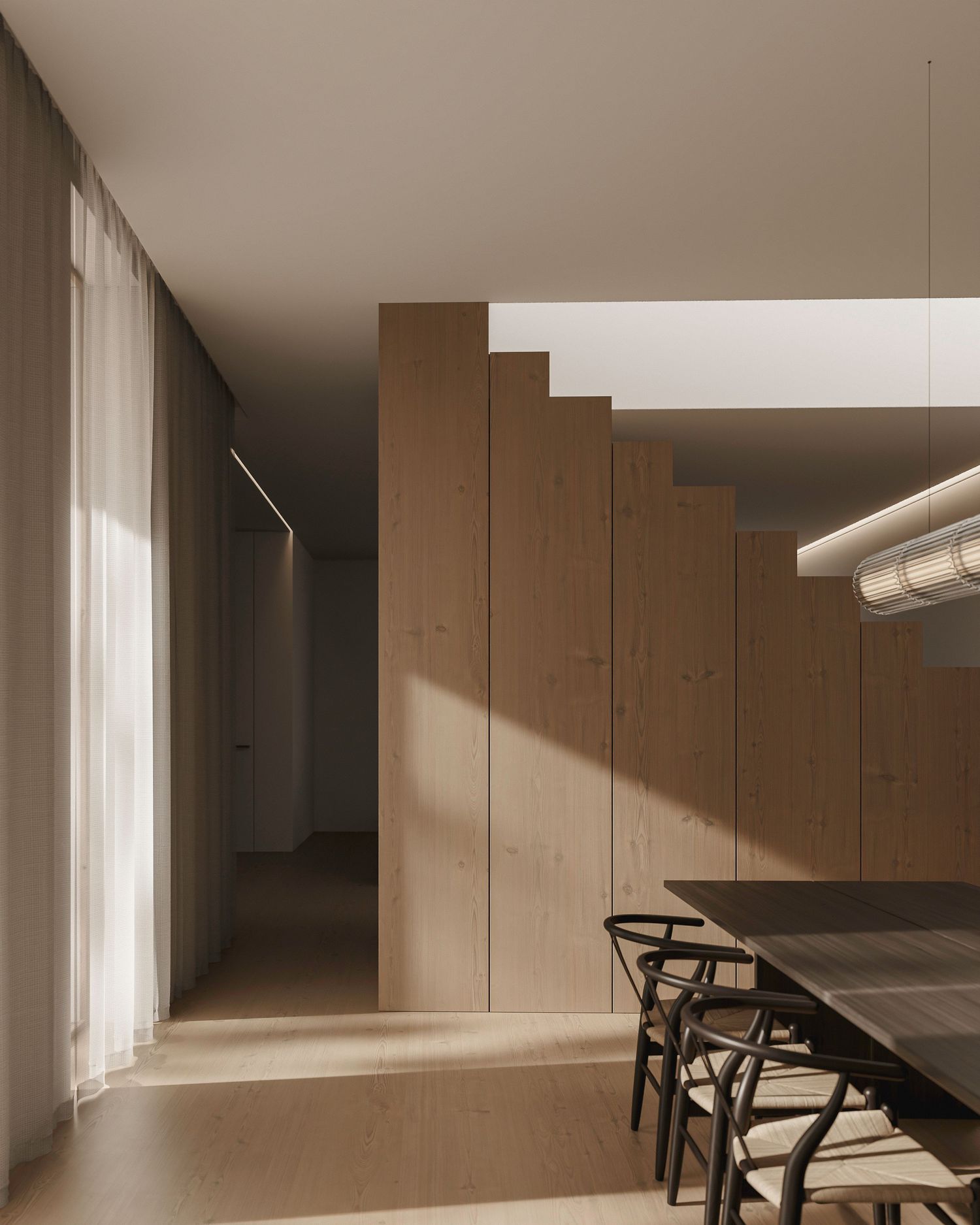 Minimalist interior space with white walls, wooden panels, and black chairs creating a sleek modern aesthetic.