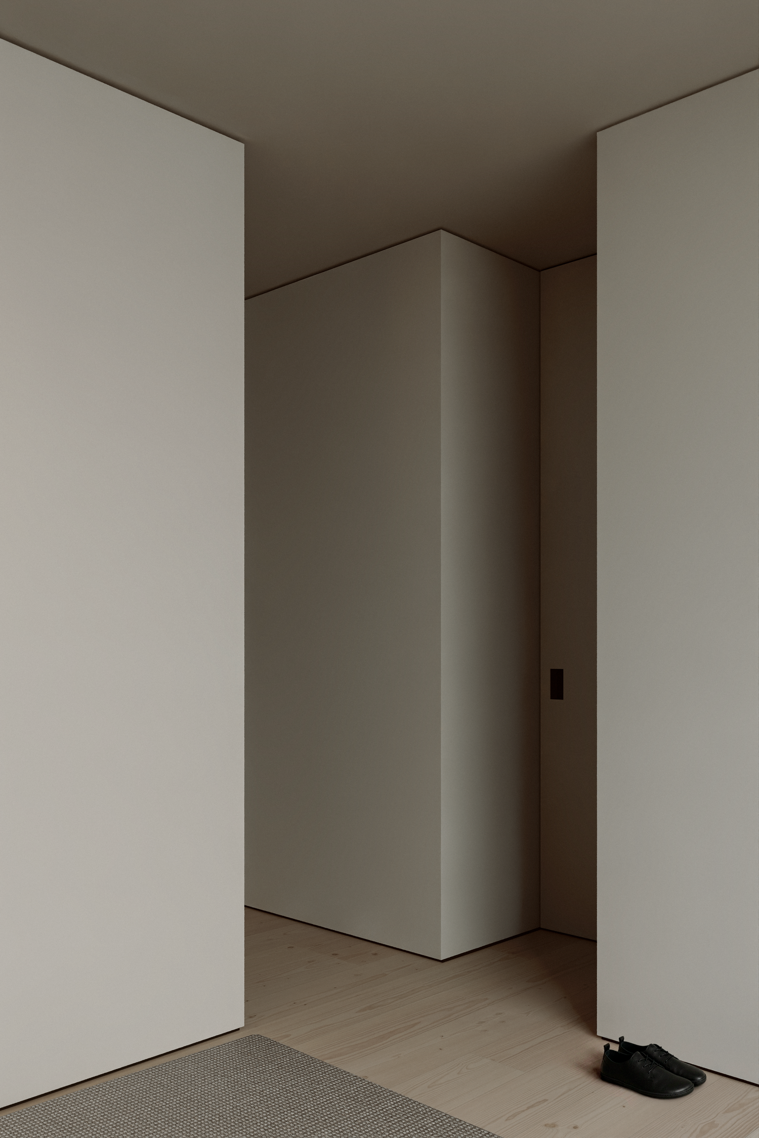 Minimalist interior hallway with white walls, light wood floors, a gray rug, and a pair of black shoes near the entrance.