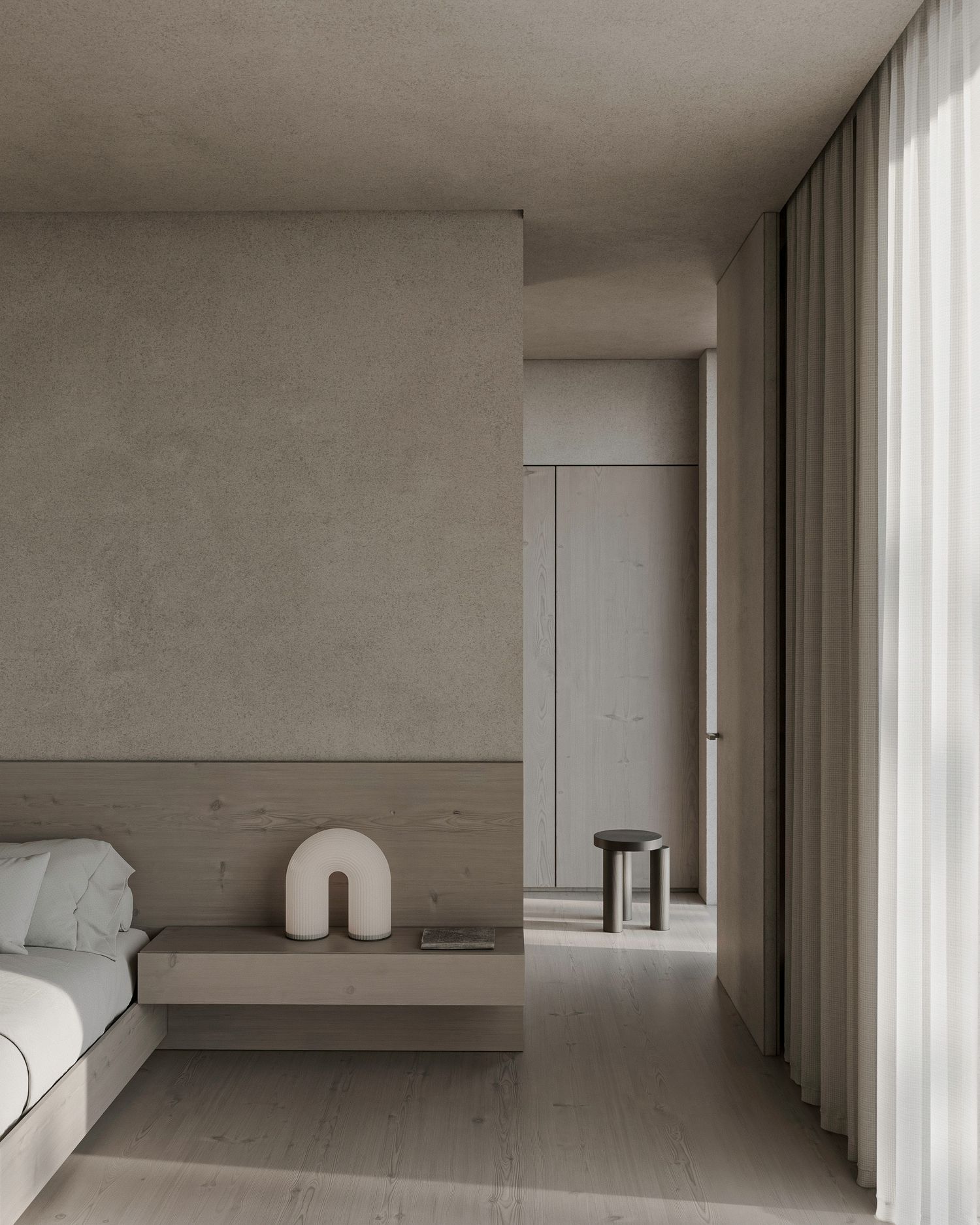 Minimalist beige bedroom interior with floor-to-ceiling curtains, wooden panels, and a decorative arch sculpture.
