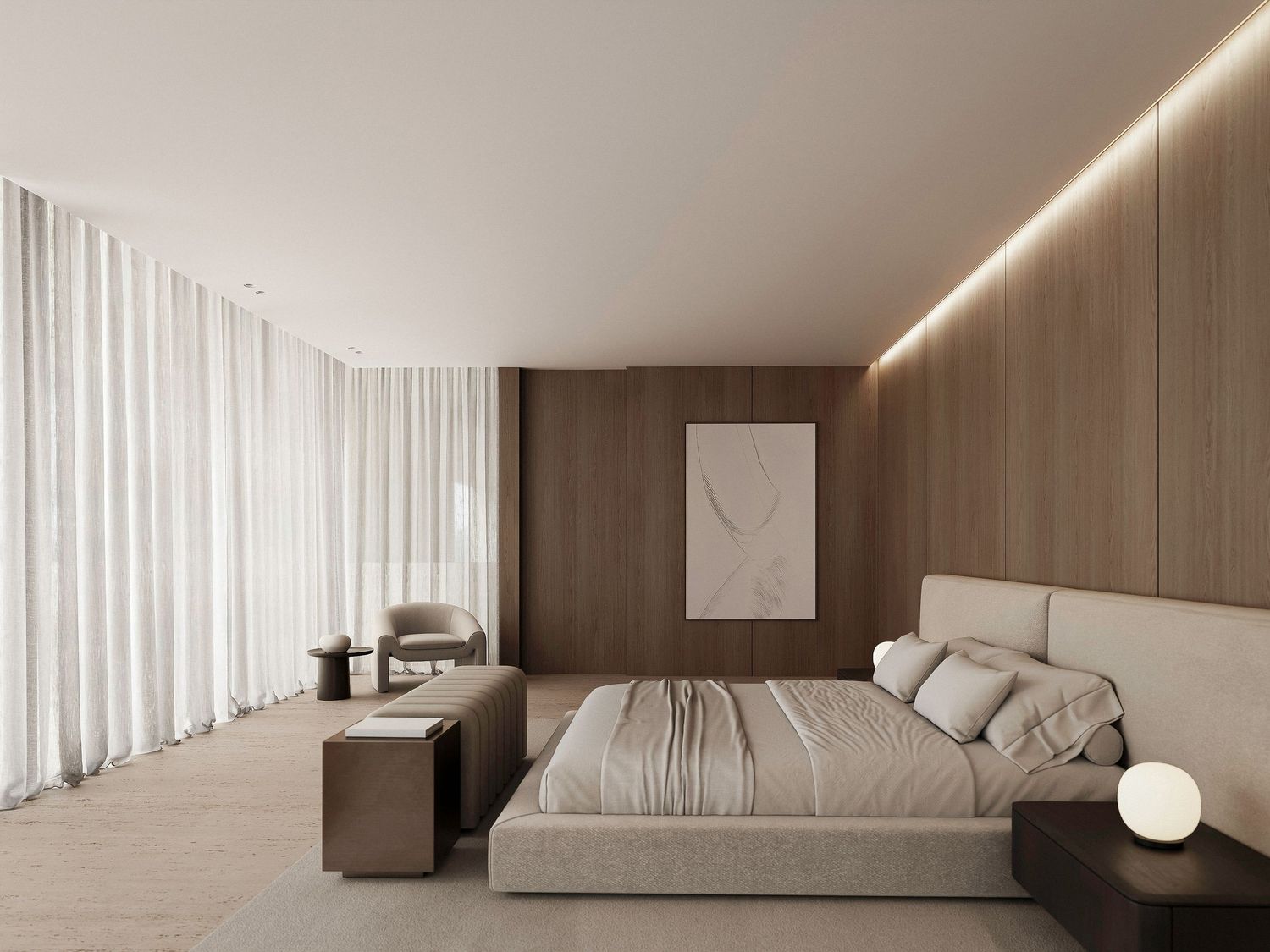 Modern minimalist bedroom with wooden walls, white curtains, platform bed, and ambient LED lighting creates a serene atmosphere.
