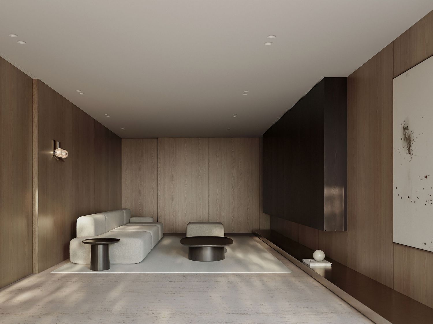 A minimalist modern spa room with beige walls, curved benches, and recessed lighting creates a serene atmosphere.