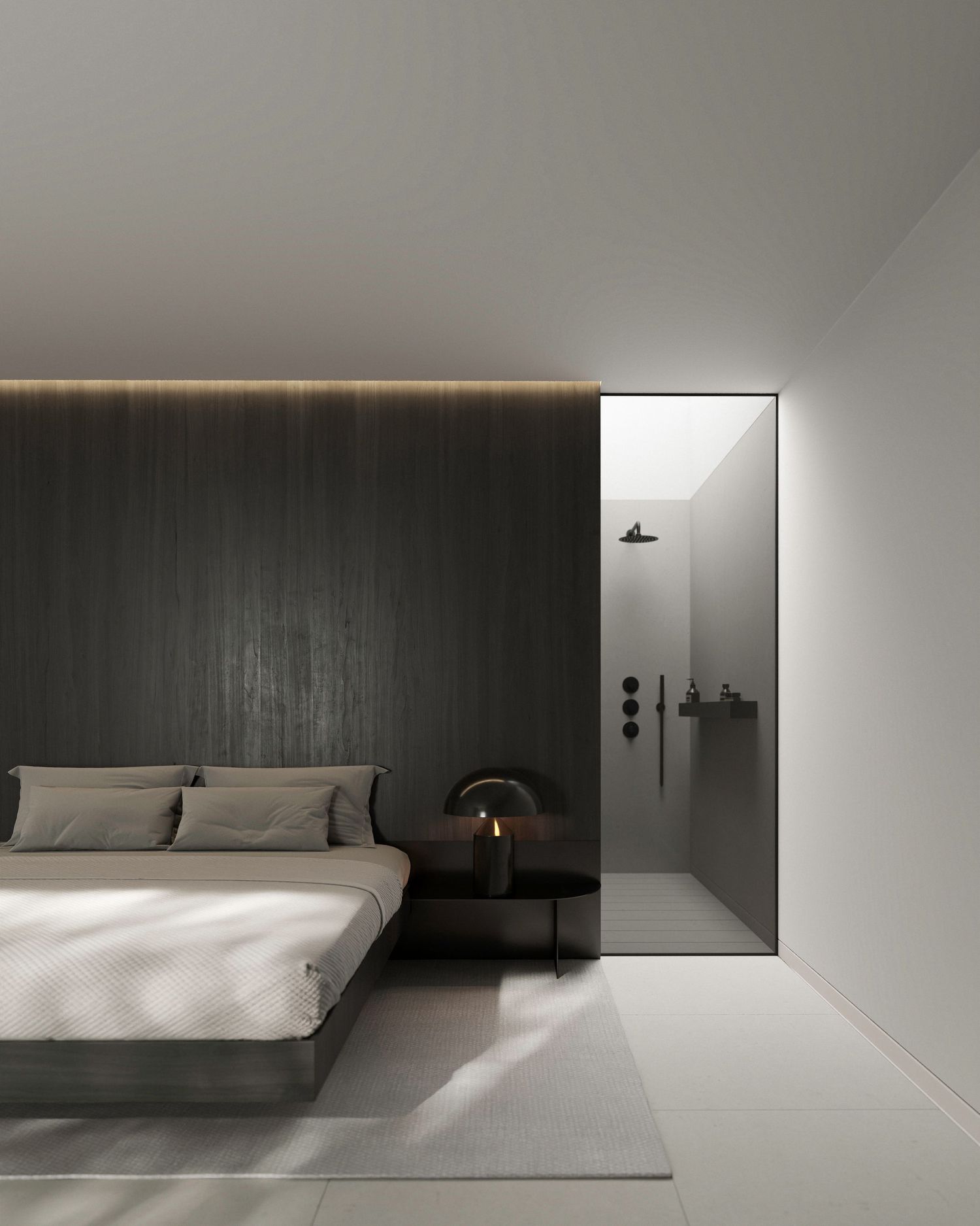 Modern minimalist bedroom with dark accent wall, hidden LED lighting, and sleek glass door leading to an ensuite bathroom.