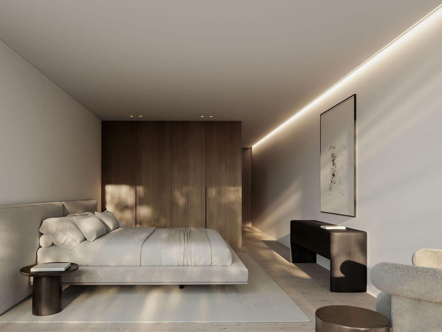 A sleek, minimalist hallway interior with recessed lighting along the ceiling and clean white walls.