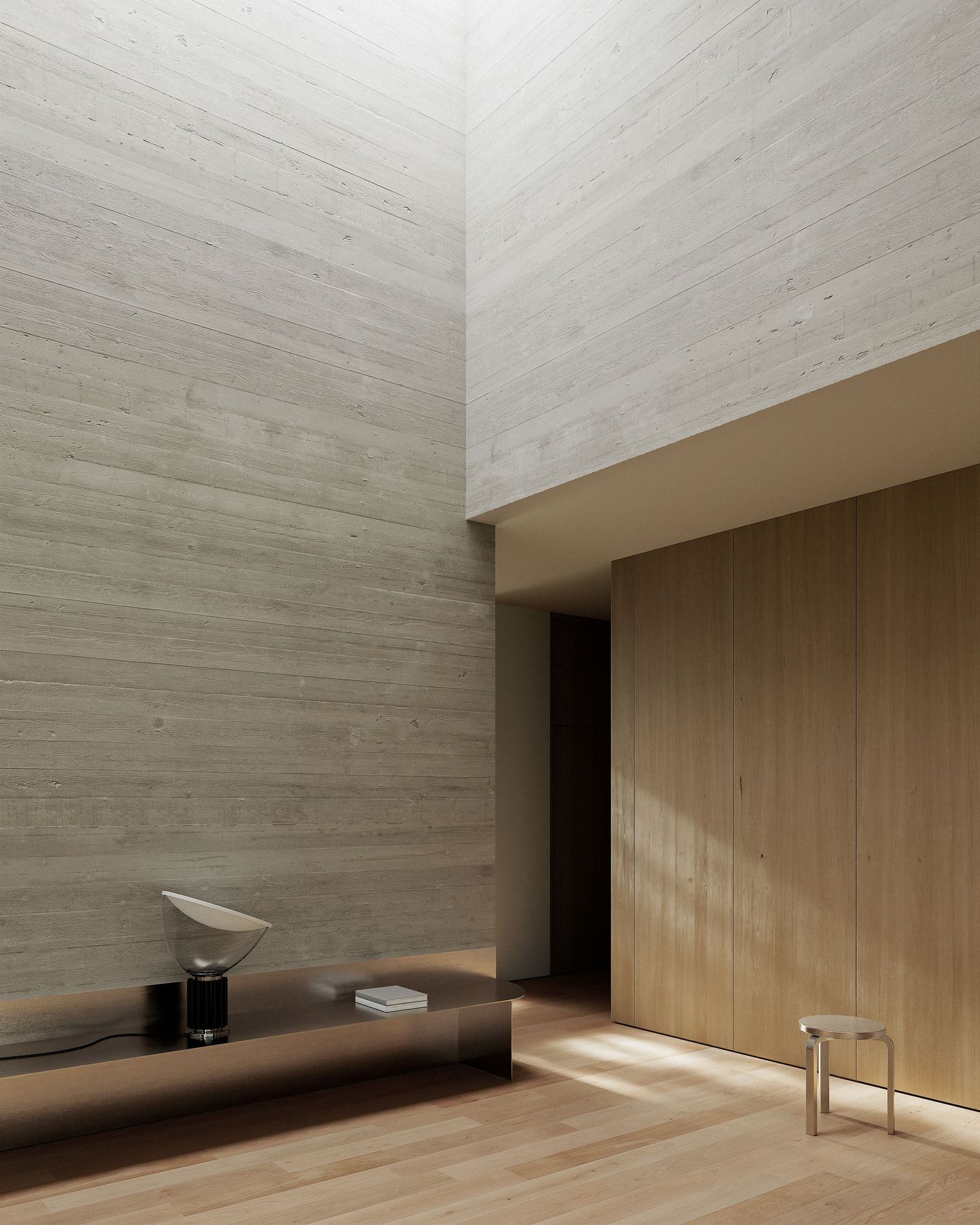 Minimalist architectural interior space with textured concrete walls and wooden panels creating a stark geometric design.