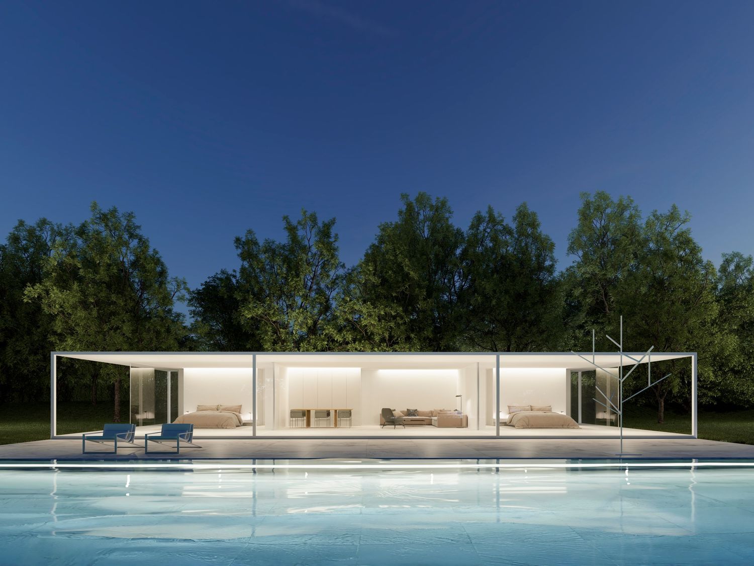 Luxurious modernist poolhouse with glass walls and clean lines overlooking a swimming pool.