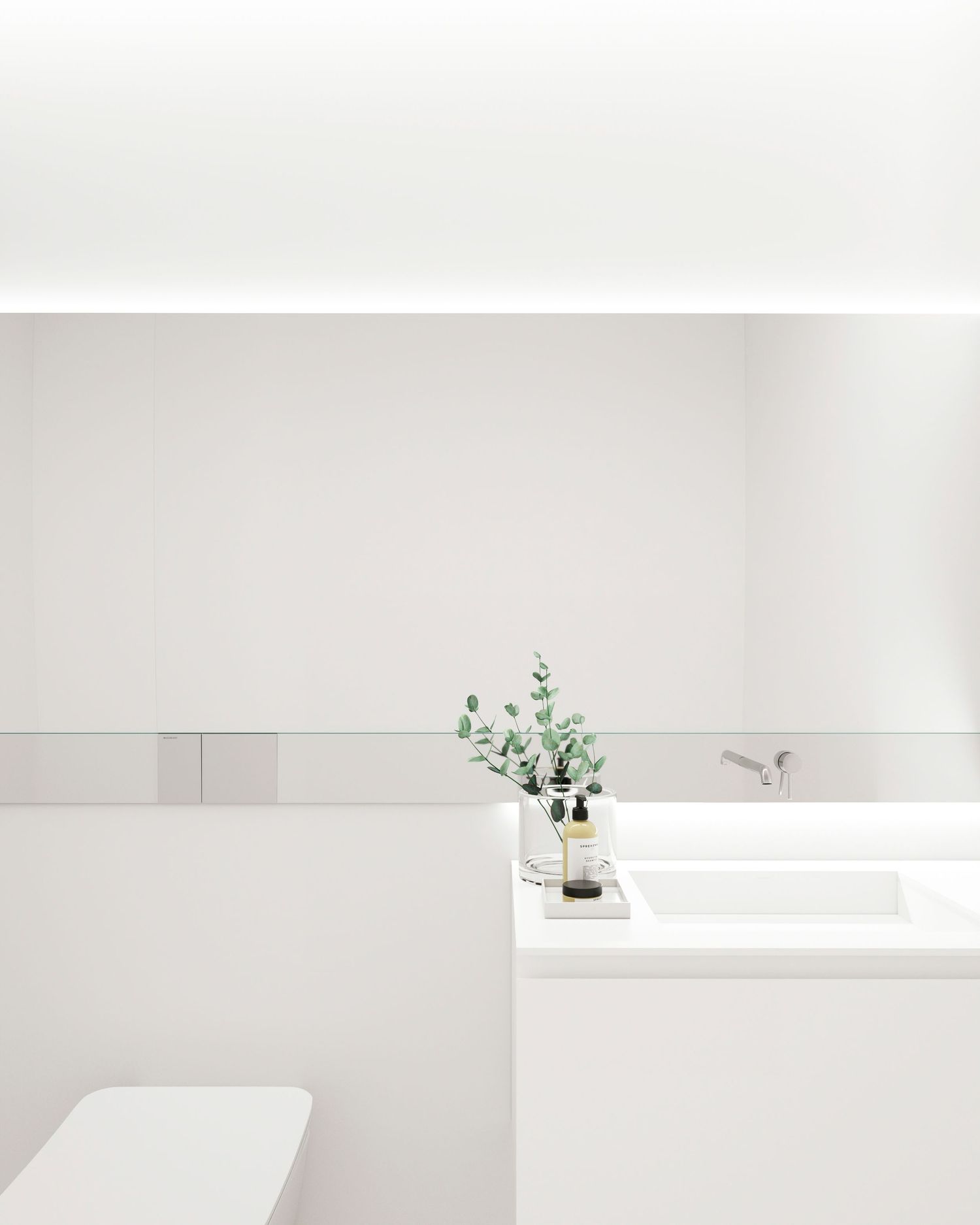 Minimalist white bathroom interior with simple greenery decoration and clean geometric lines.