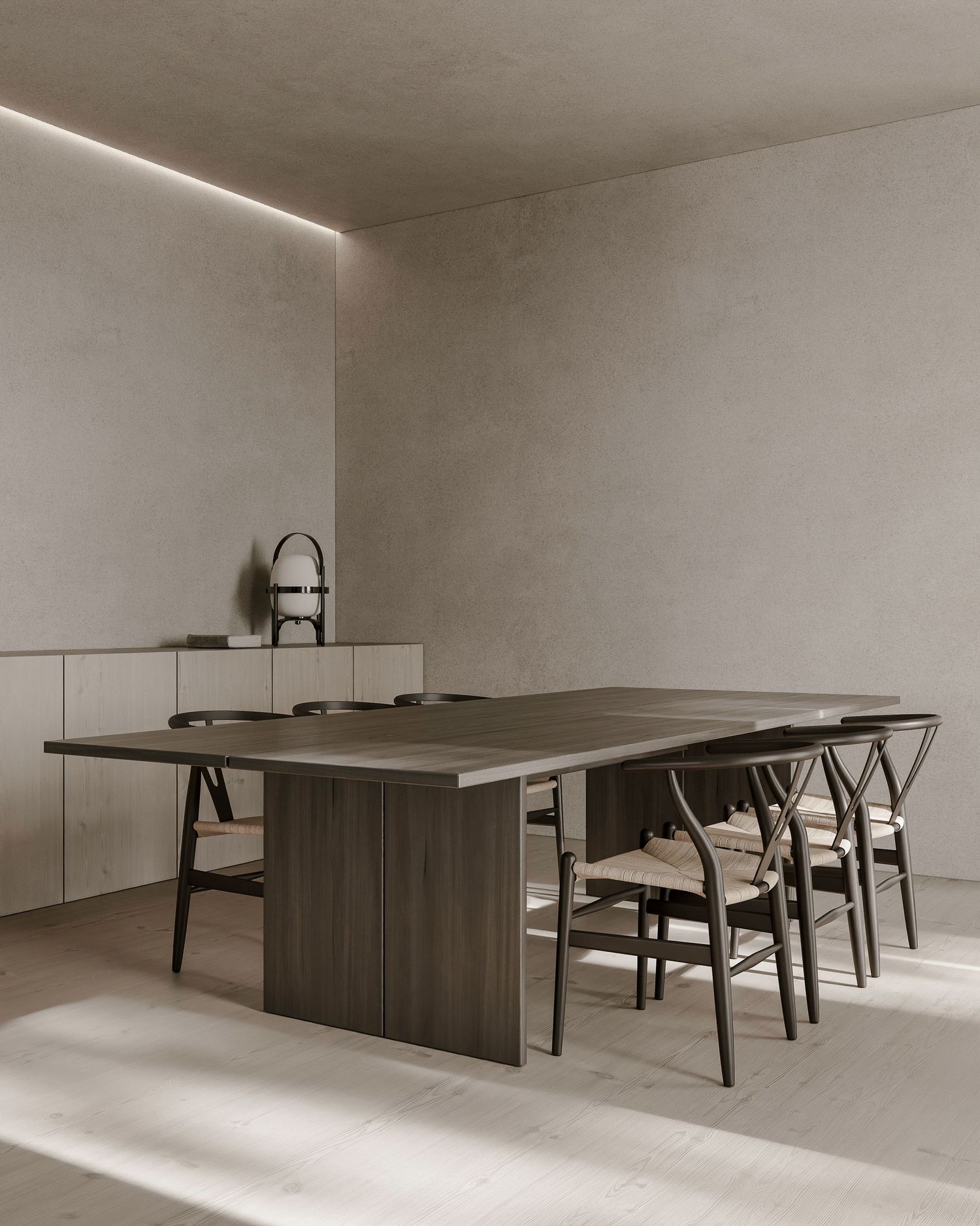 Minimalist dining room with wooden table, designer chairs, and subtle LED lighting creating a serene modern atmosphere.