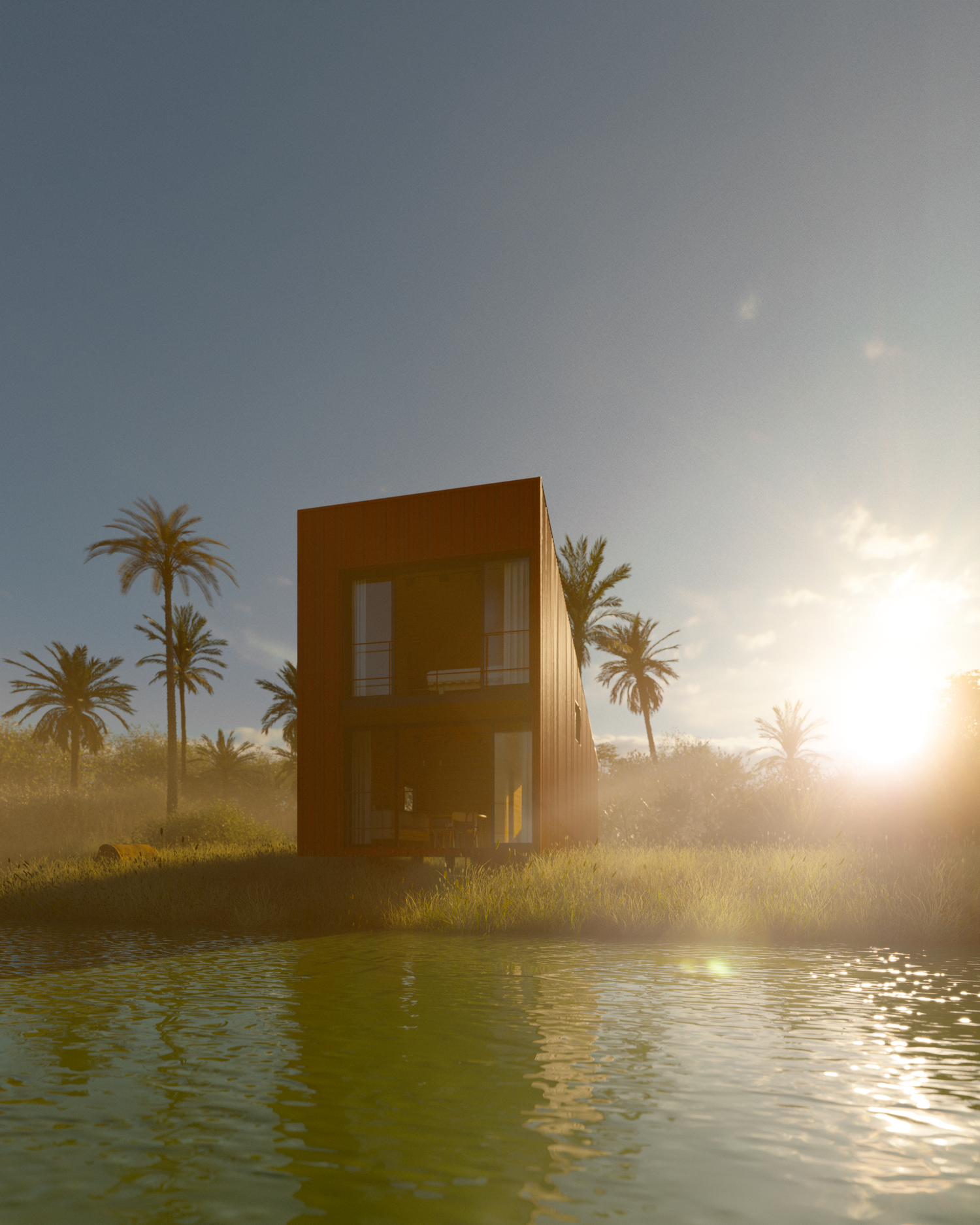 Minimalist lakeside cabin reflects golden sunlight through palm trees at sunset.