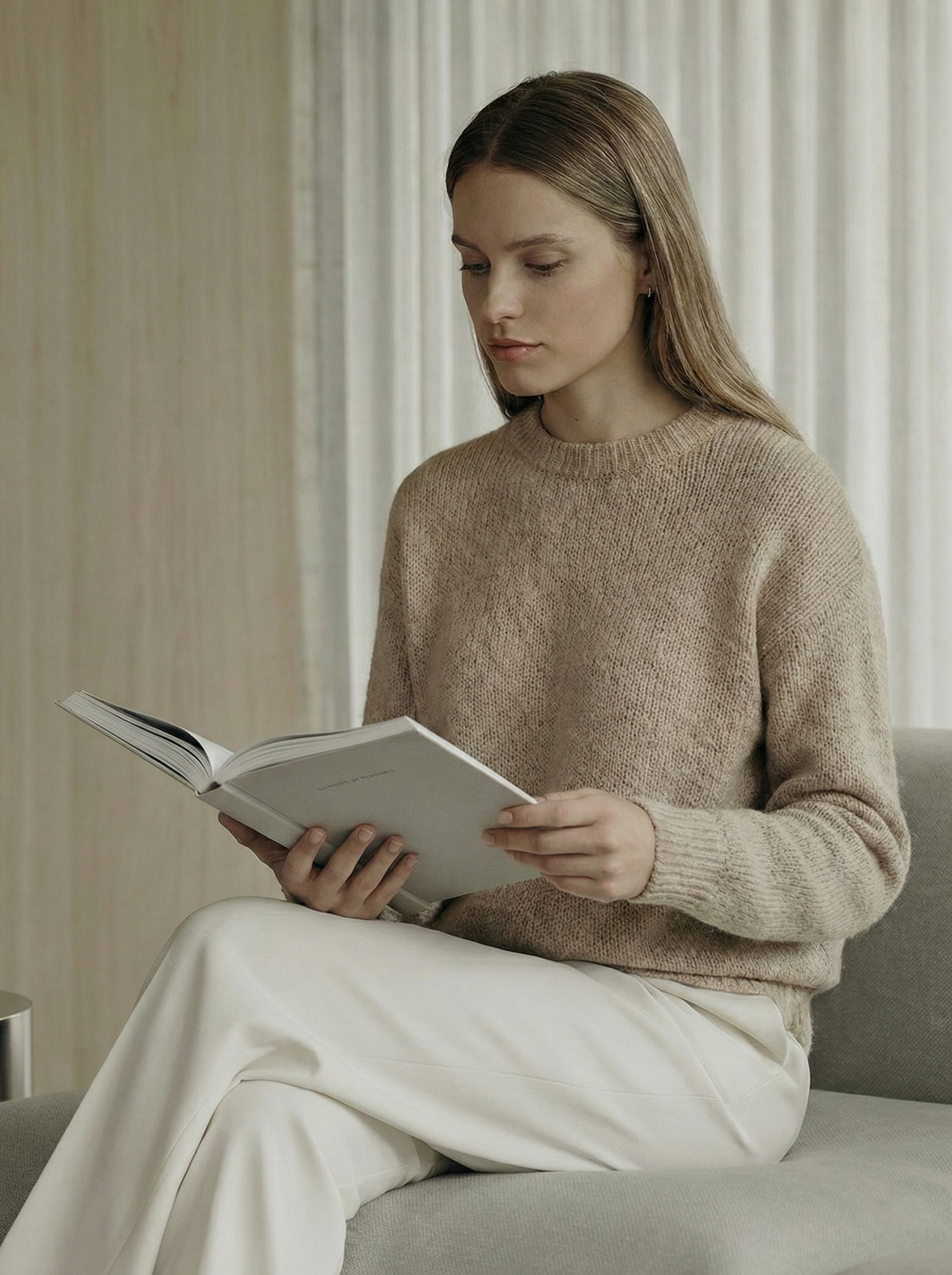 A person in a beige sweater reads a book while sitting comfortably against white curtains in a minimalist setting.