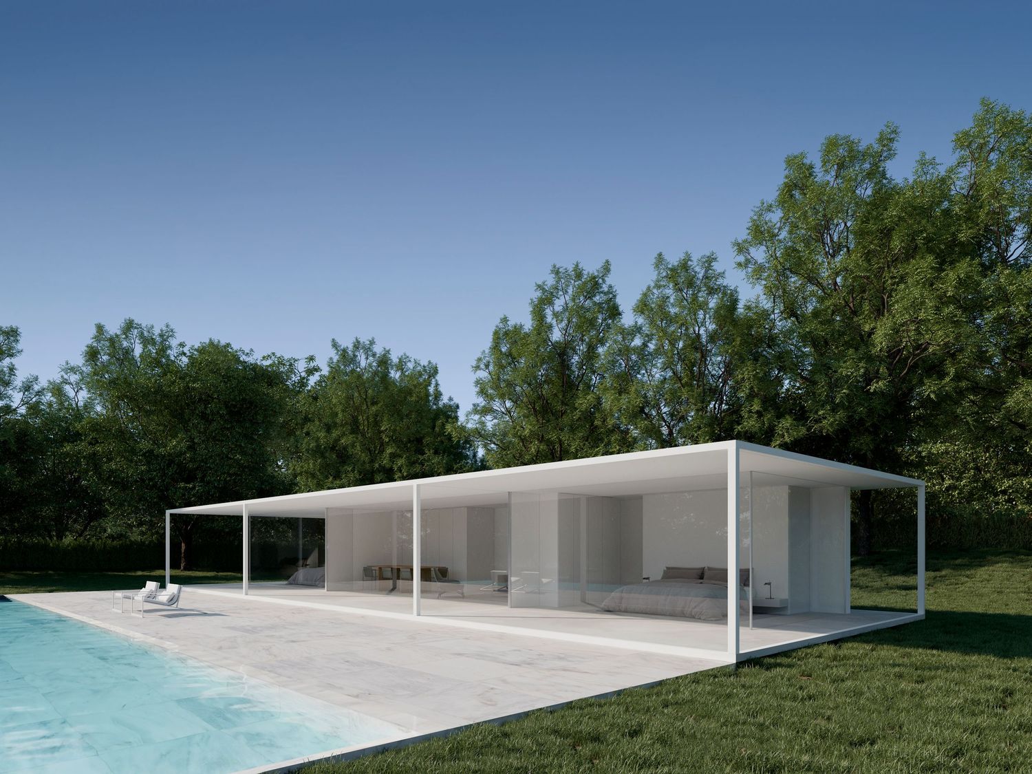 Modern white pavilion with clean lines and infinity pool surrounded by manicured lawn.