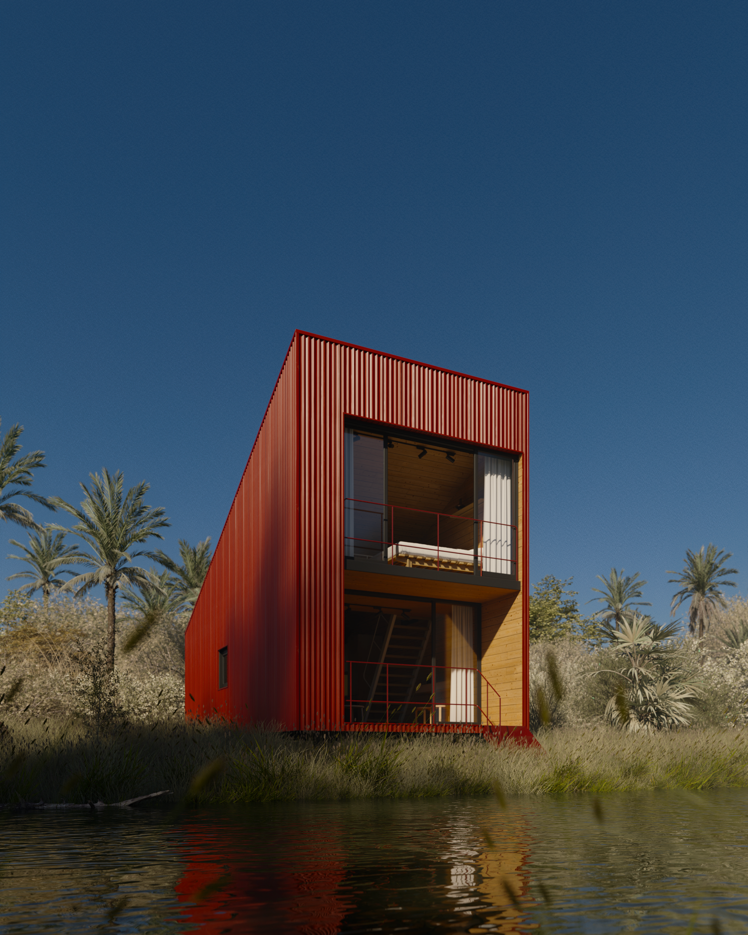 Modern red container house with two stories sits along a tranquil waterfront surrounded by palm trees.