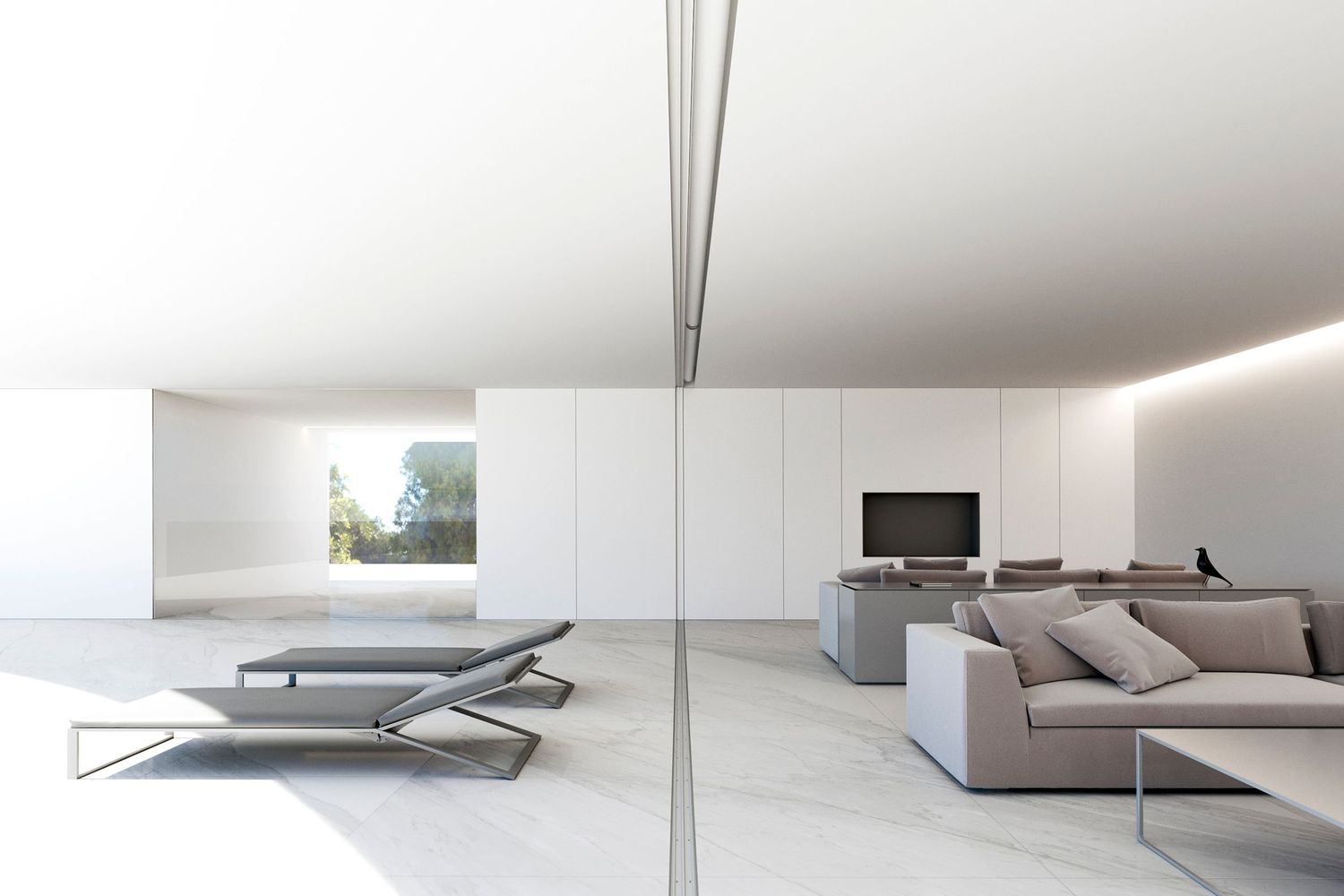 Spacious modern living room with floating lounger and mirrored wall panels.