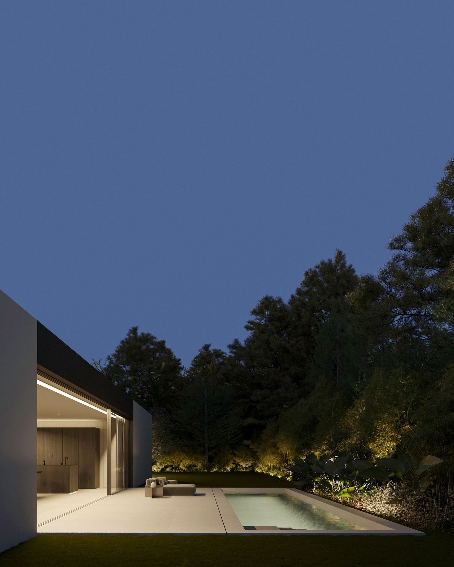 Modern minimalist house exterior with illuminated pool and landscaping at dusk against a deep blue sky.