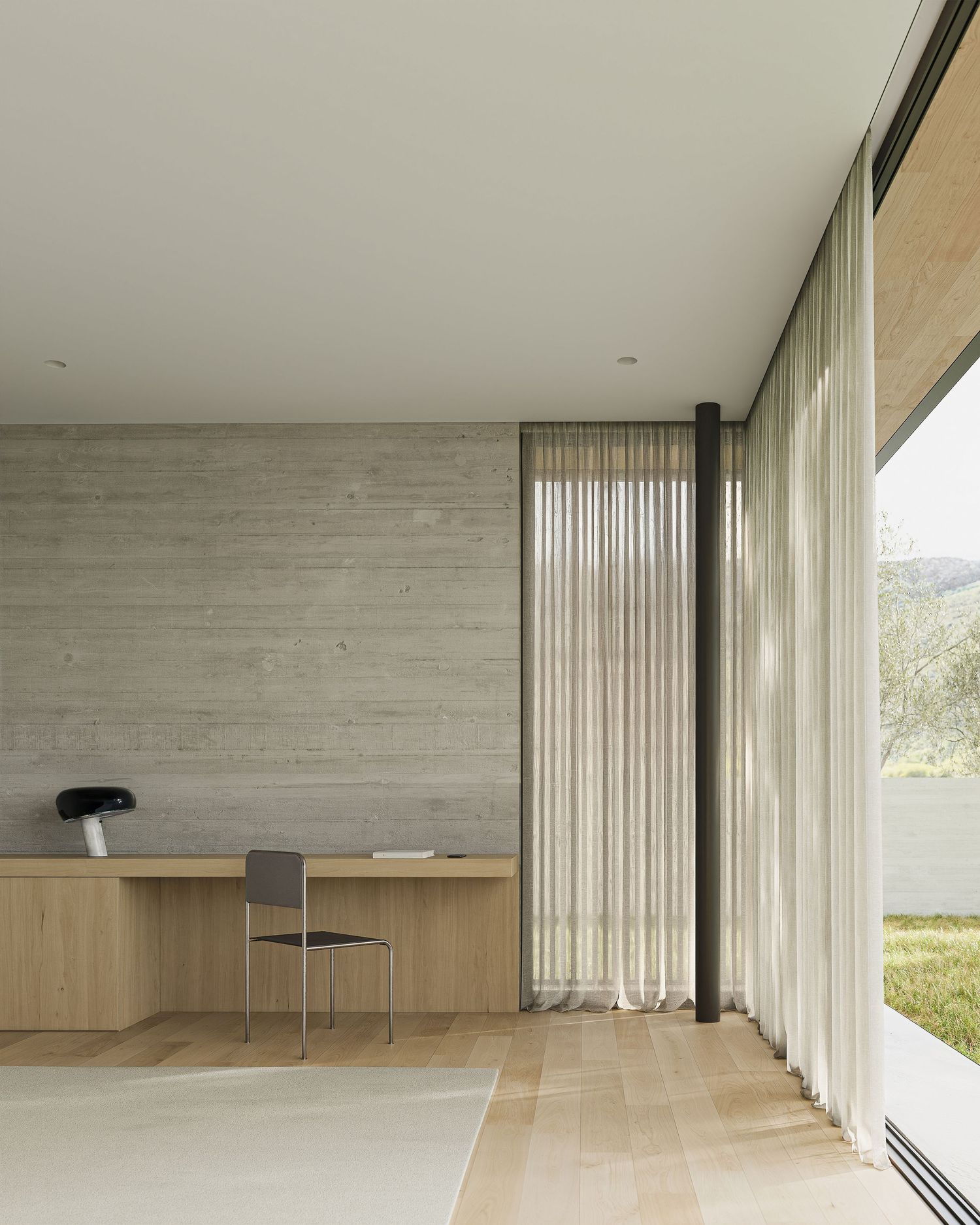 Minimalist concrete interior hallway with floor-to-ceiling windows and vertical blinds offering natural light.