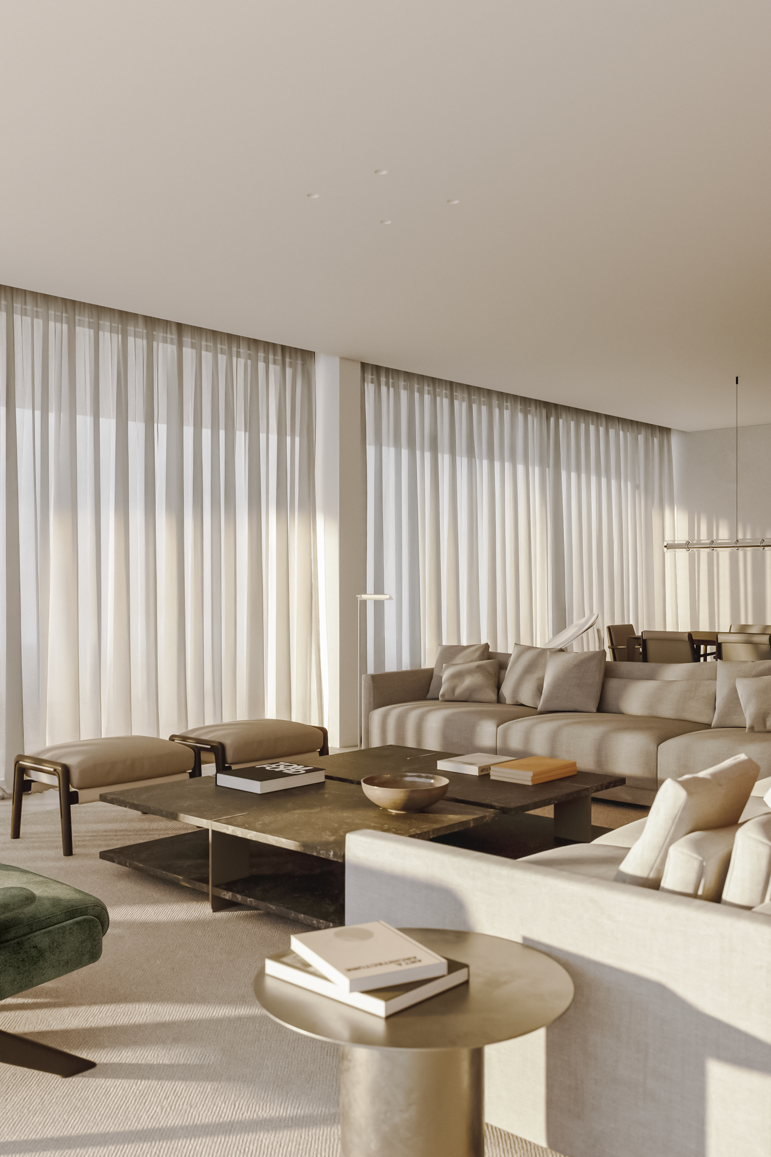 Bright modern living room with sheer floor-to-ceiling curtains, a beige sectional sofa, wood coffee table, and neutral decor.