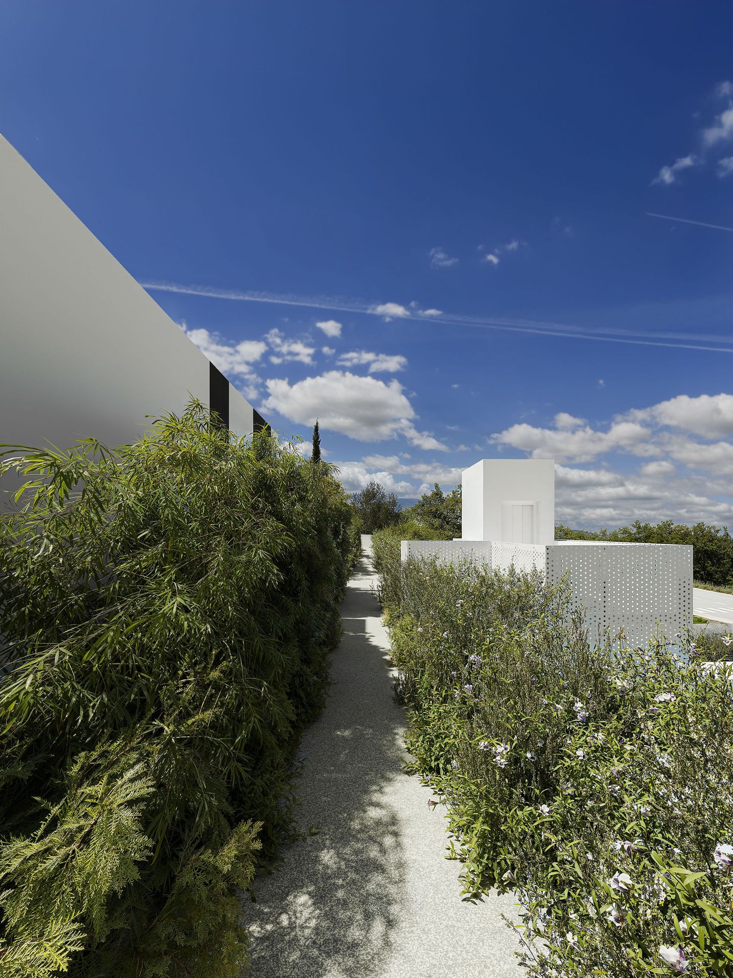A winding white concrete pathway leads through lush green gardens under a bright blue sky with puffy clouds.
