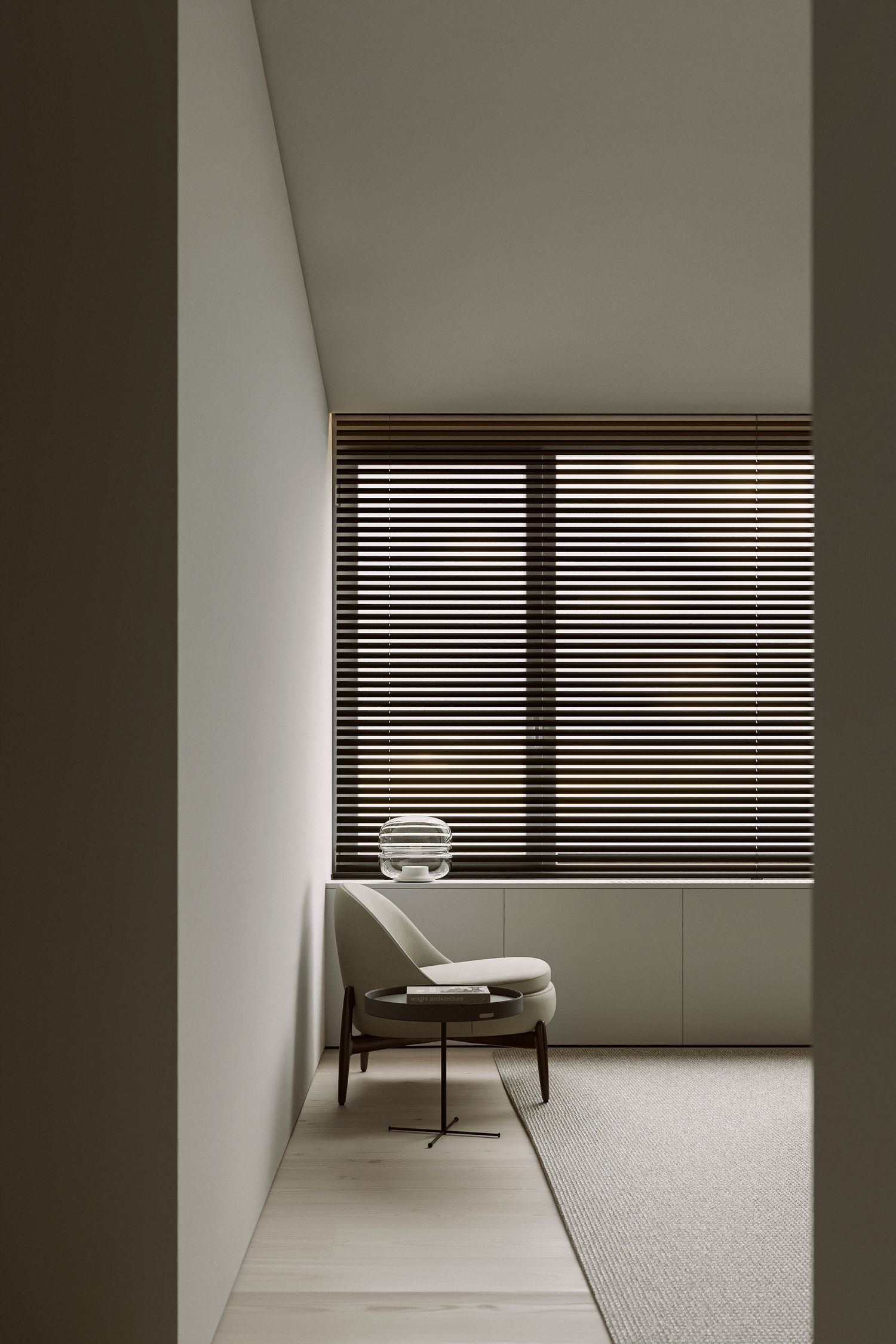 Minimalist room with a white lounge chair, globe lamp, wooden blinds, and neutral tones creating a serene, modern aesthetic.