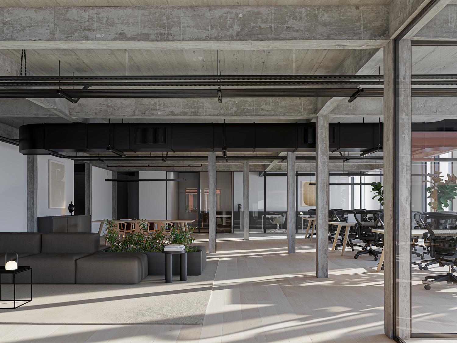 Modern industrial office space with concrete ceilings, open floor plan, and minimalist furniture in a loft-style workspace.