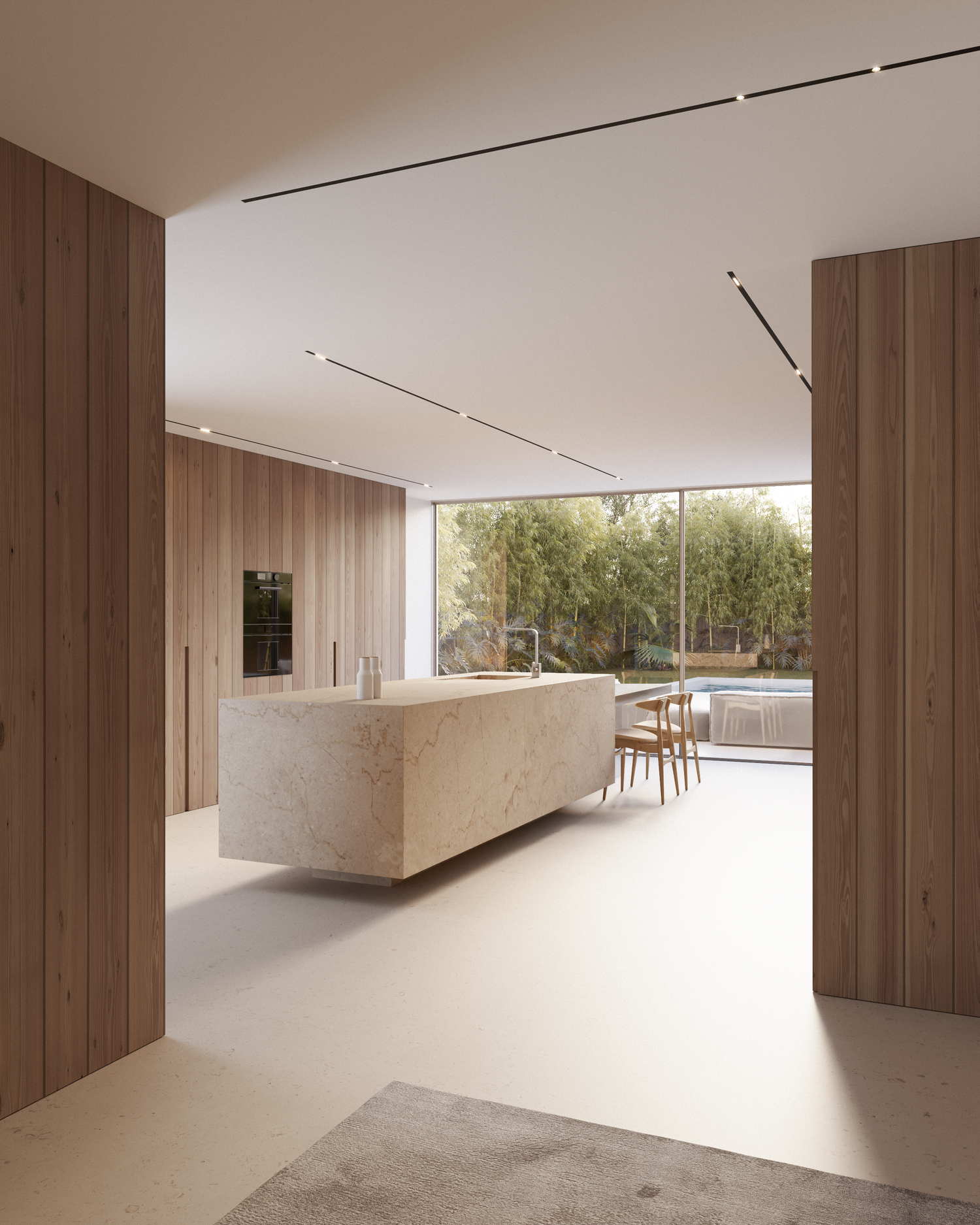 Minimalist modern kitchen interior with marble island, wooden panels and large windows overlooking outdoor pool area.