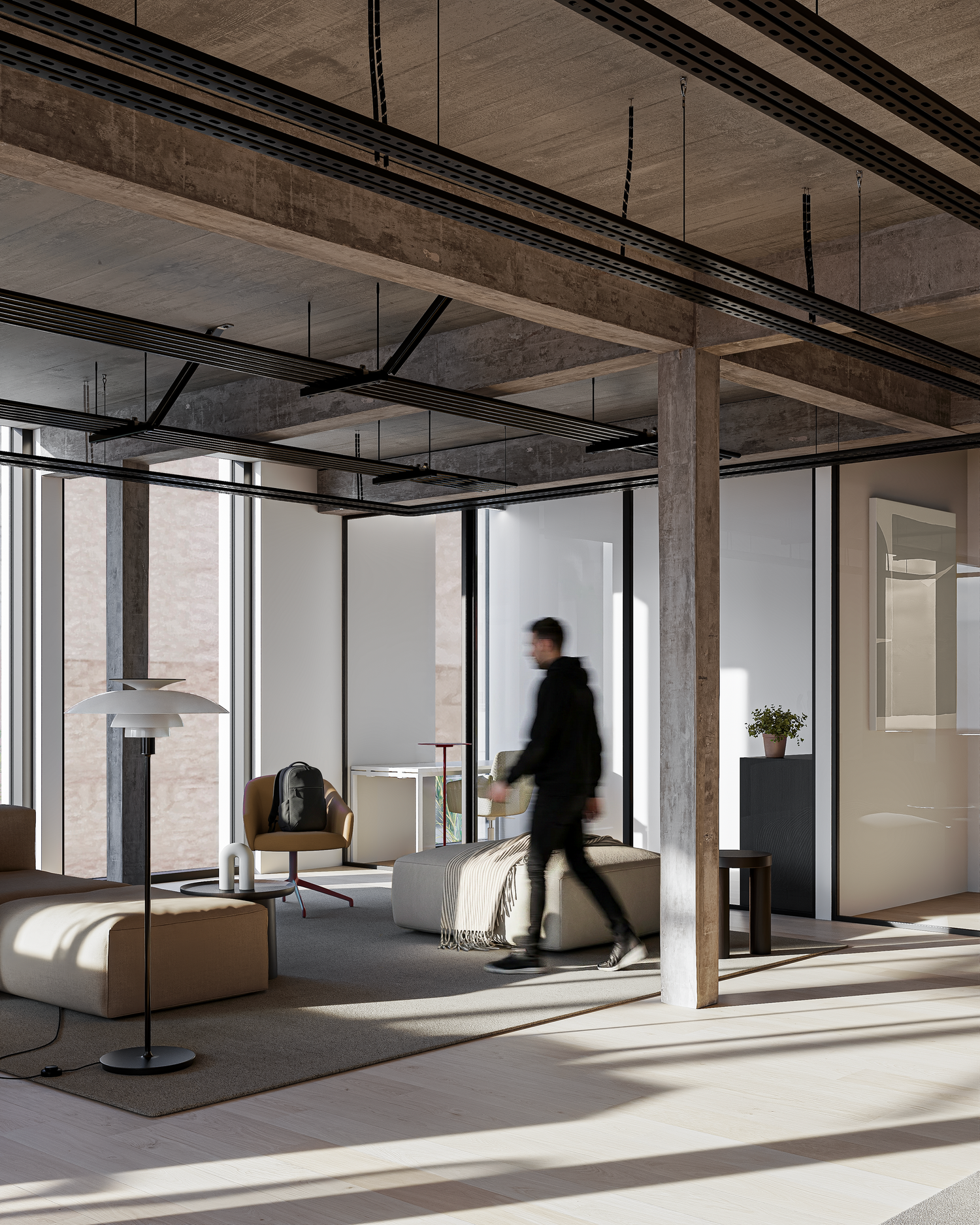 Modern open-plan office with exposed concrete ceiling, glass partitions, wooden columns, and a blurred figure walking through natural light.
