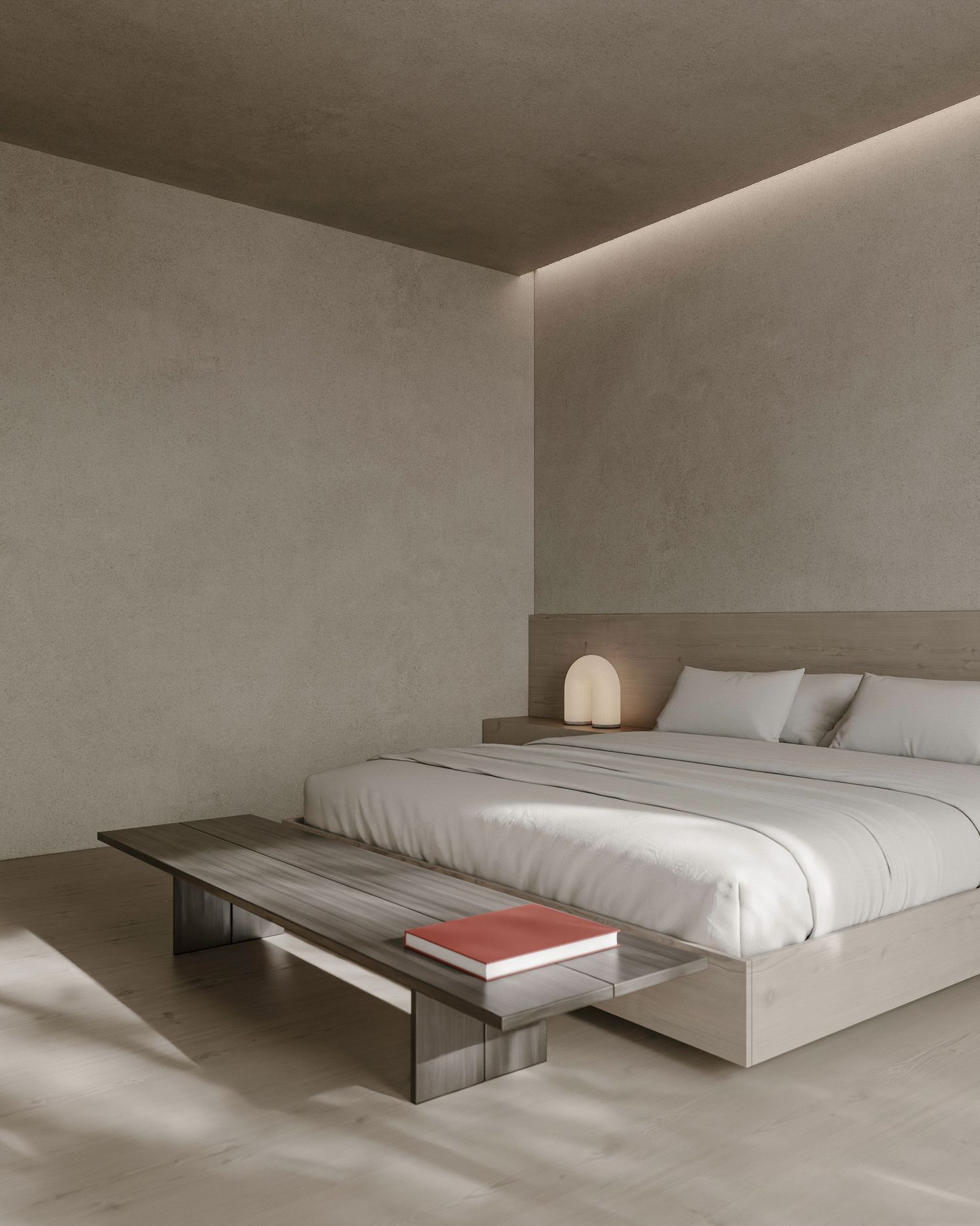 Minimalist bedroom with beige walls, built-in platform bed, floating bench, and soft ambient lighting along ceiling edge.