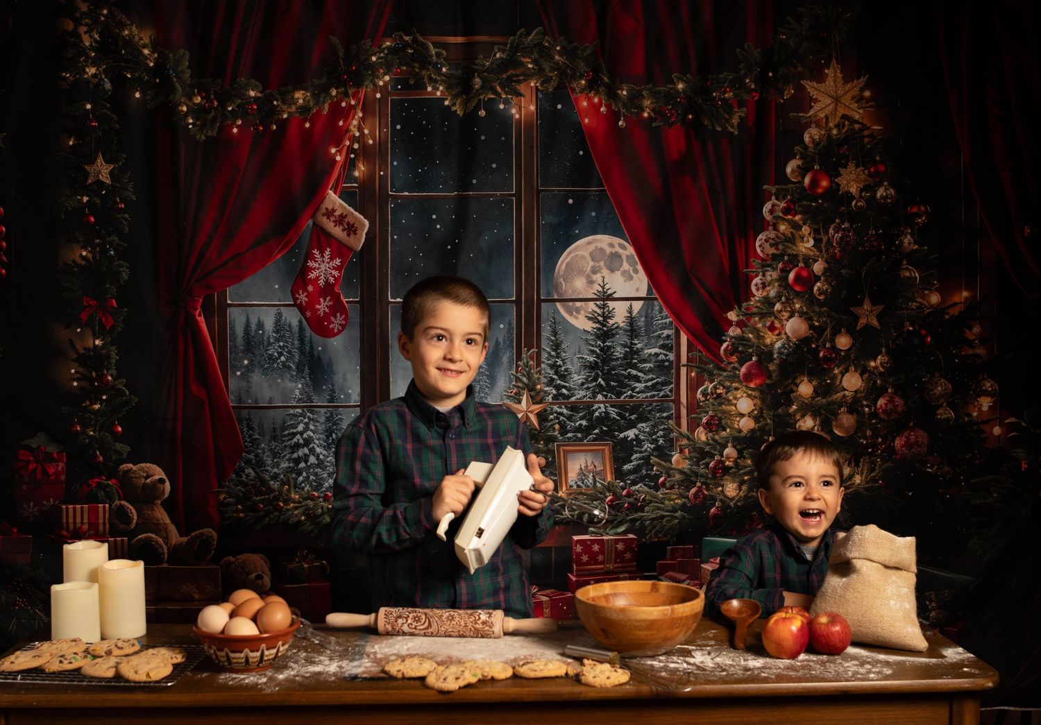 Holiday scene featuring milk and cookies setup with Christmas decorations in background.