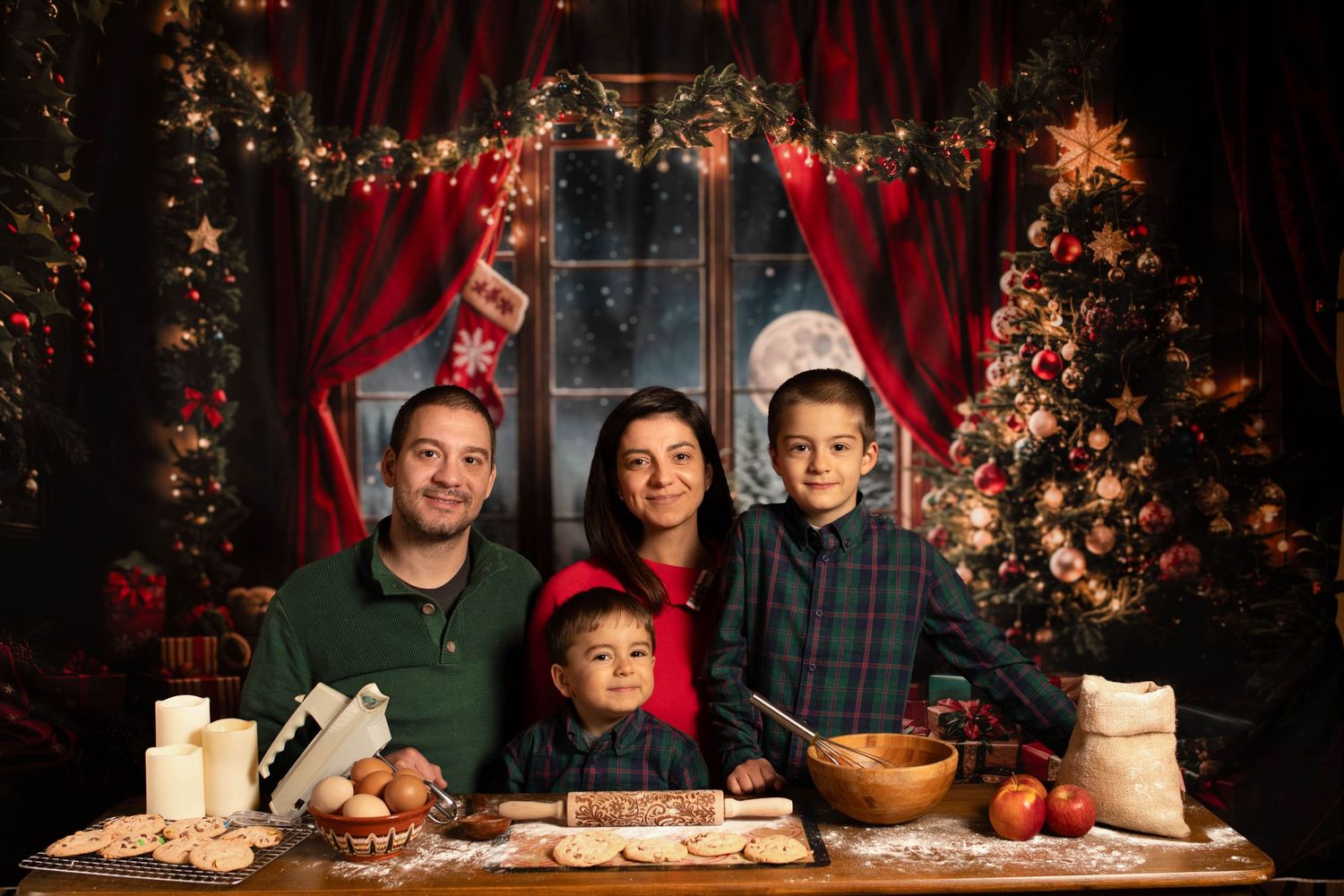 Warm holiday scene with Christmas tree, red curtains, and festive table settings.