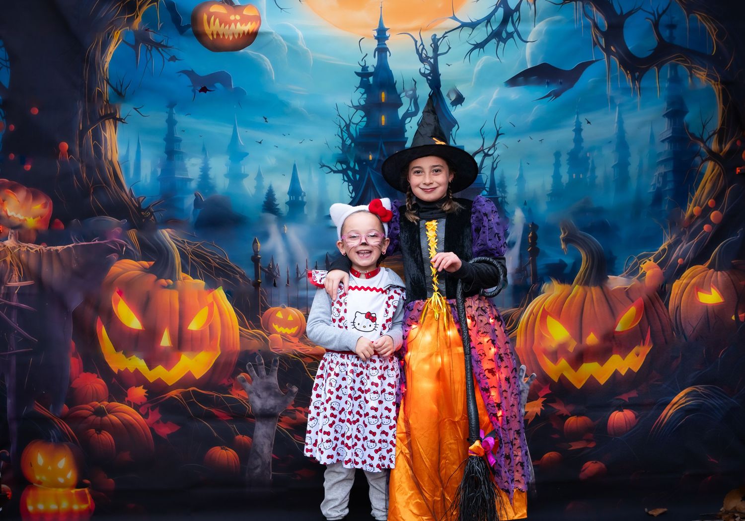 Halloween scene with glowing jack o'lanterns and spooky blue lighting in mystical forest setting.