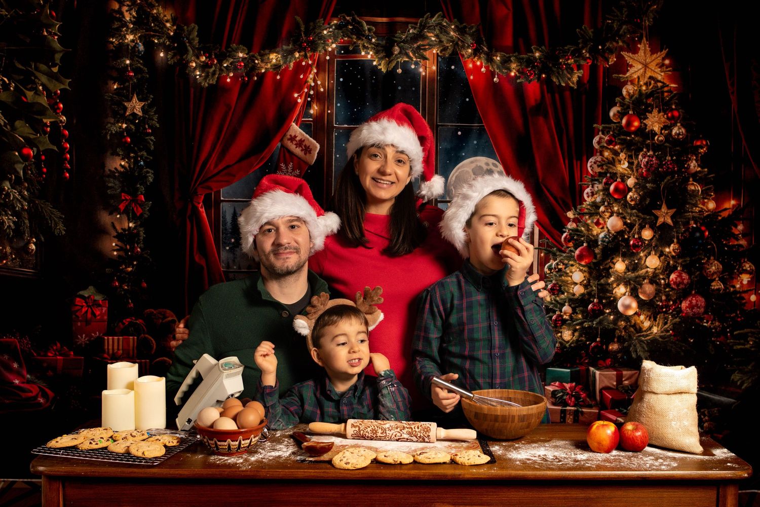 Cozy Christmas scene with red curtains, twinkling lights, and decorated tree in warm holiday setting.